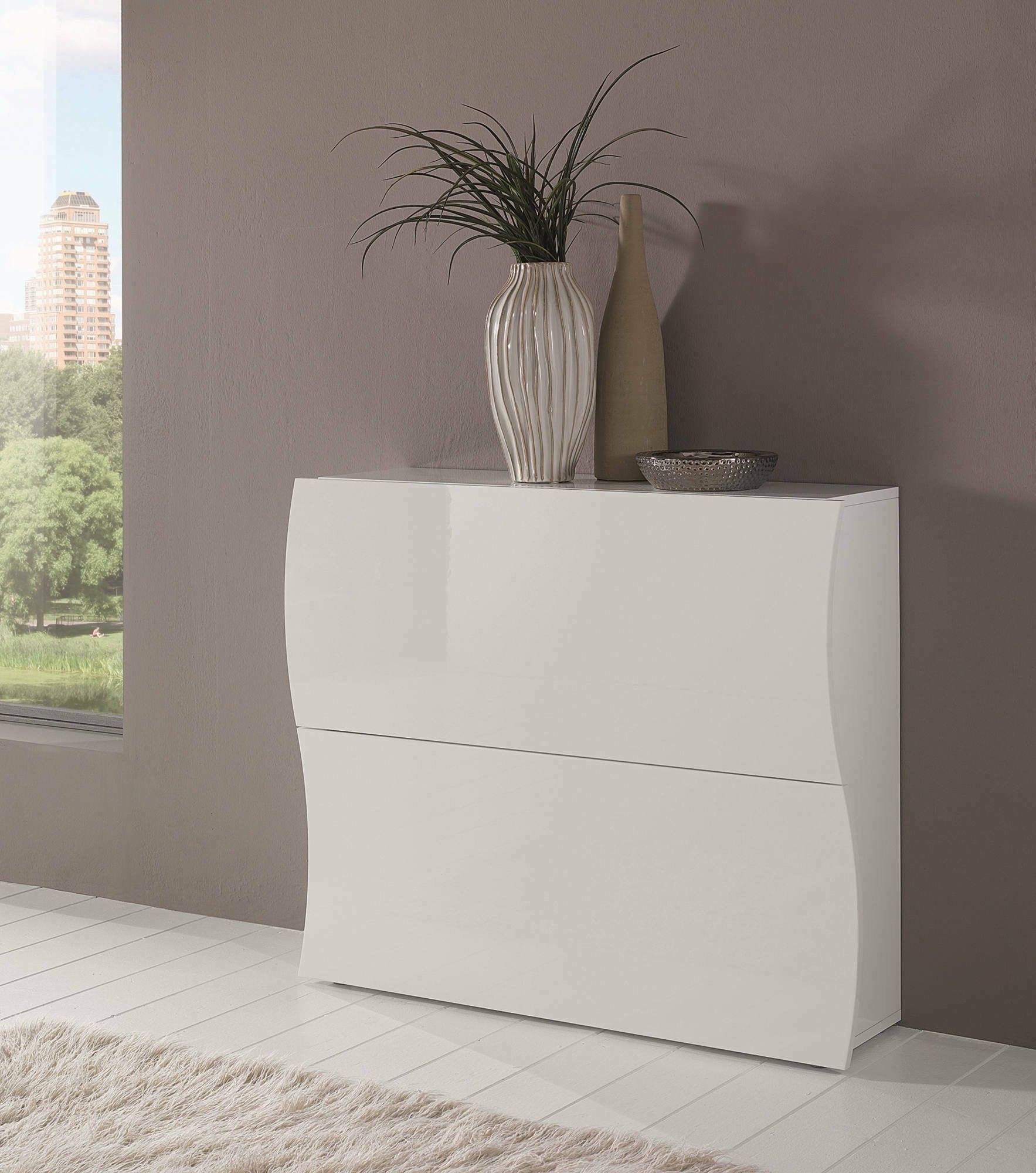 Étagère à chaussures moderne, Made in Italy, avec 2 portes battantes, Étagère à chaussures d'entrée, 101x27h82 cm, couleur blanc brillant - 2