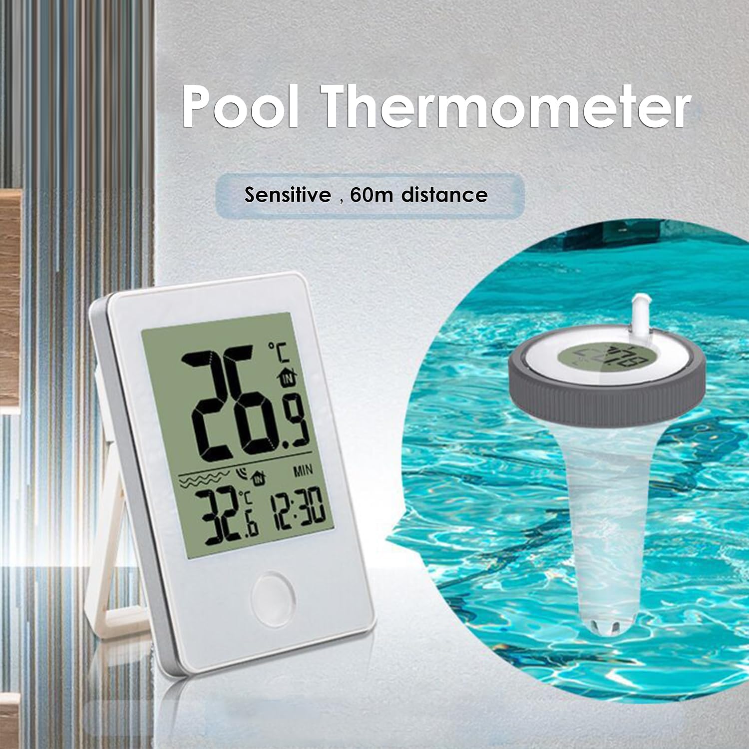 Termometro galleggiante wireless per piscina, termometro digitale connesso con schermo LCD e ricevitore radio, portata fino a 60 m, piscina - 4