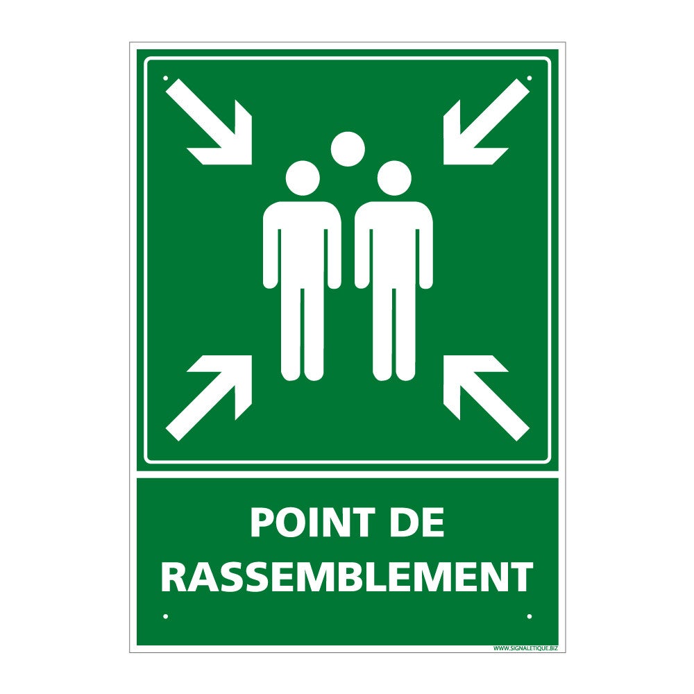 Panneau de signalisation prépercé point de rassemblement aluminium rectangulaire + kit de fixation - 300 x 420 mm - 2