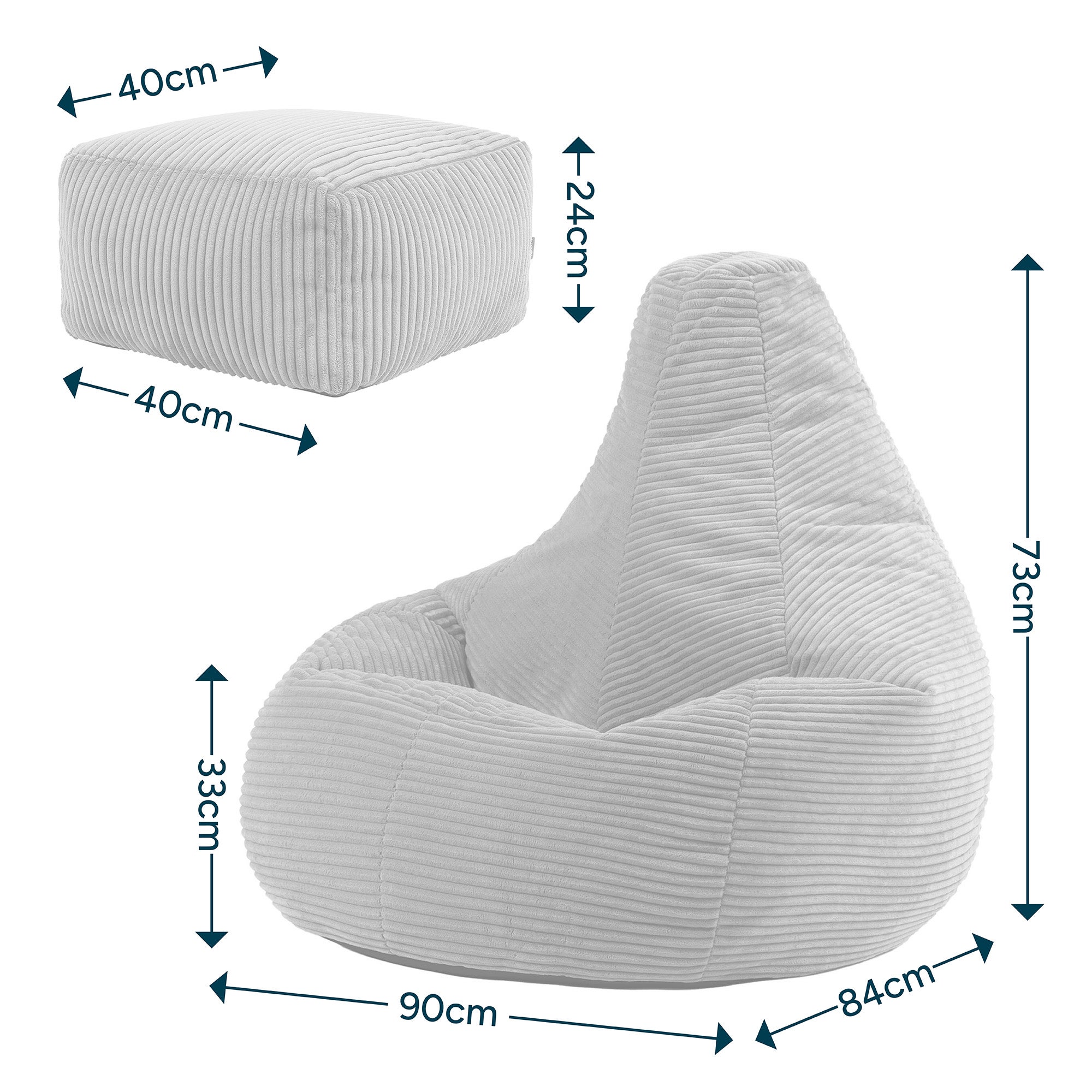 Pouf Icon à dossier haut avec repose-pied carré velours côtelé beige galet, 84x84cm, Made in Allemagne, Oeko-Tex® - 7