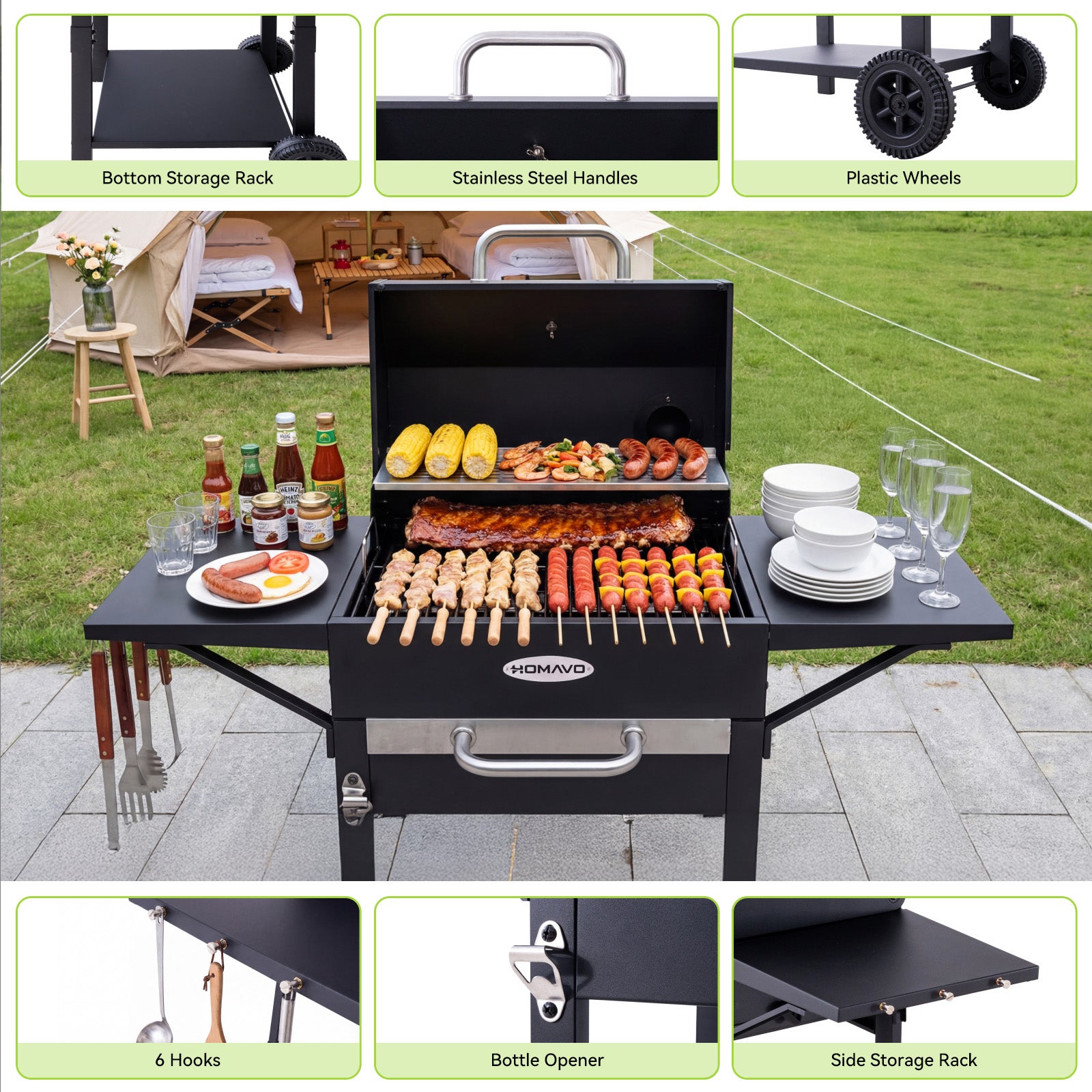 Barbecue a Carbonella, Superficie di Cottura: 45×32 cm, Griglia Principale in Smalto, Ripiano Riscaldante, Termometro HOMAVO - 6
