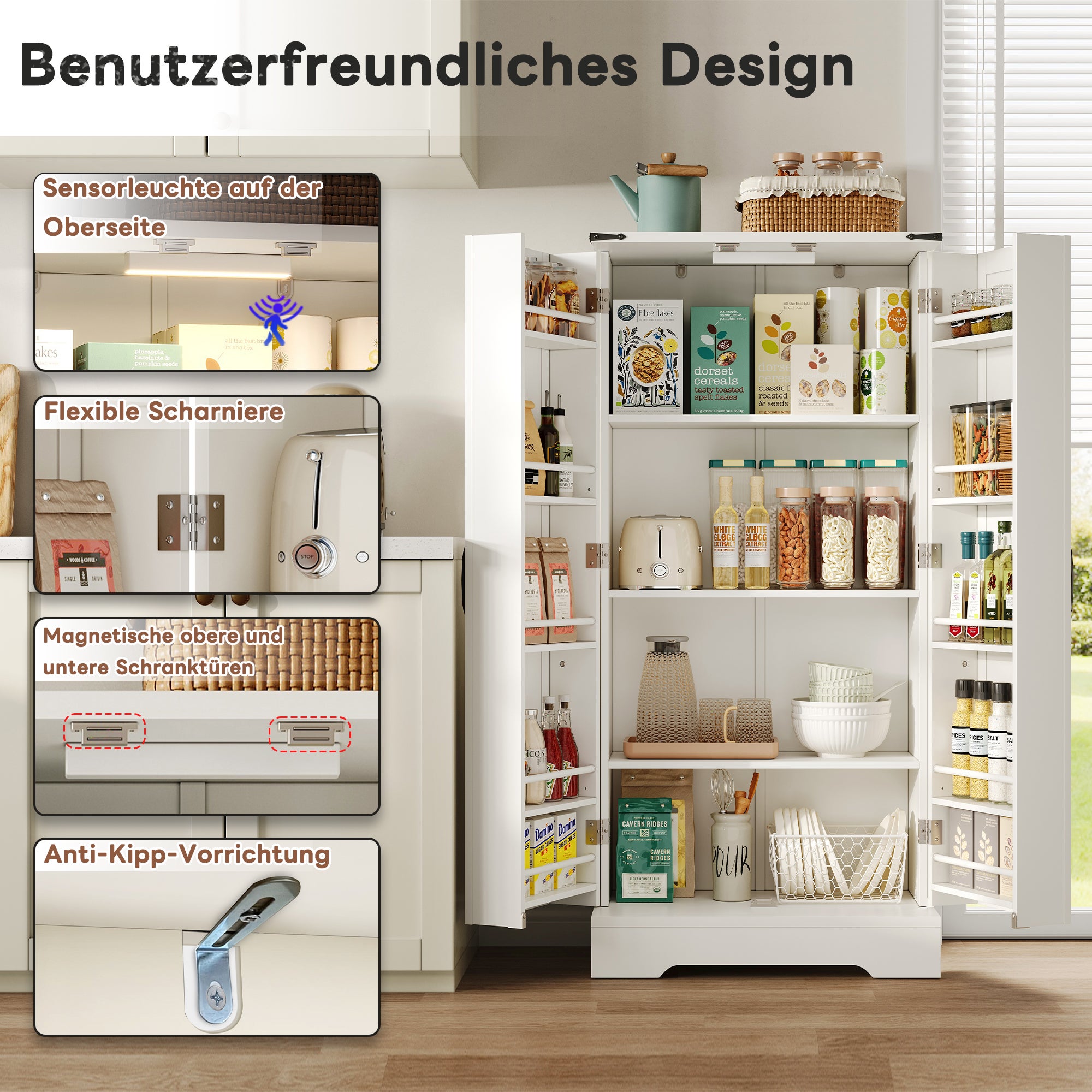 Meuble de cuisine blanc de style campagnard, 128,5 cm, avec éclairage LED. 2 portes à charnières et étagères réglables. - 3