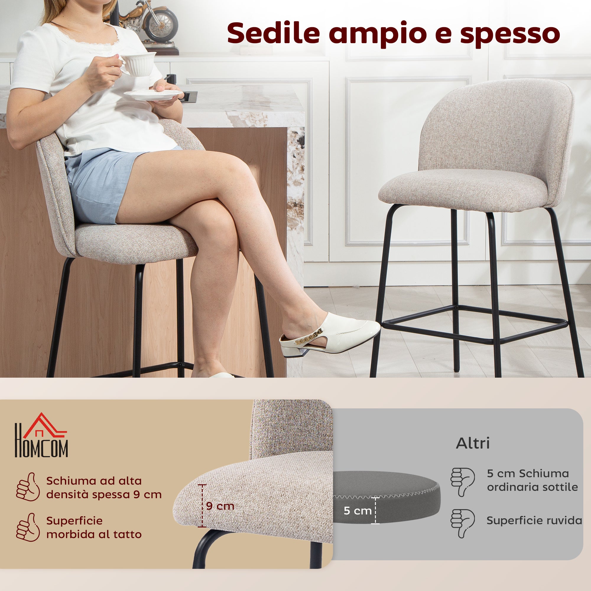 HOMCOM Set 2 Sgabelli da Bar con Schienale e Poggiapiedi, Rivestimento in Tessuto e Gambe in Acciaio, Grigio - 4