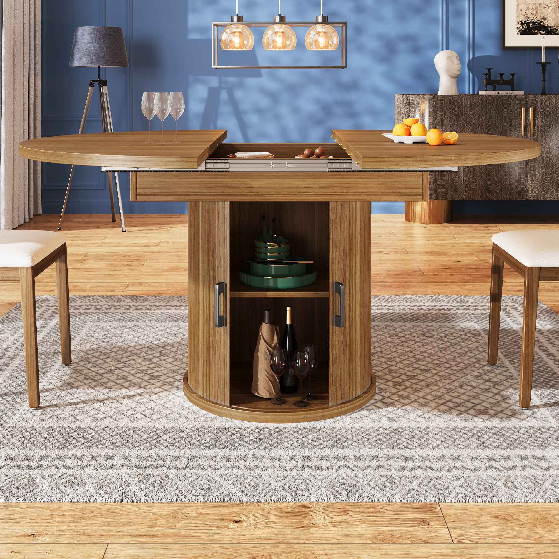 Table à Manger Extensible avec Plateau Ronde, de 118 à 158 cm, 6 Personnes, avec Rangements et Design Vintage - 3