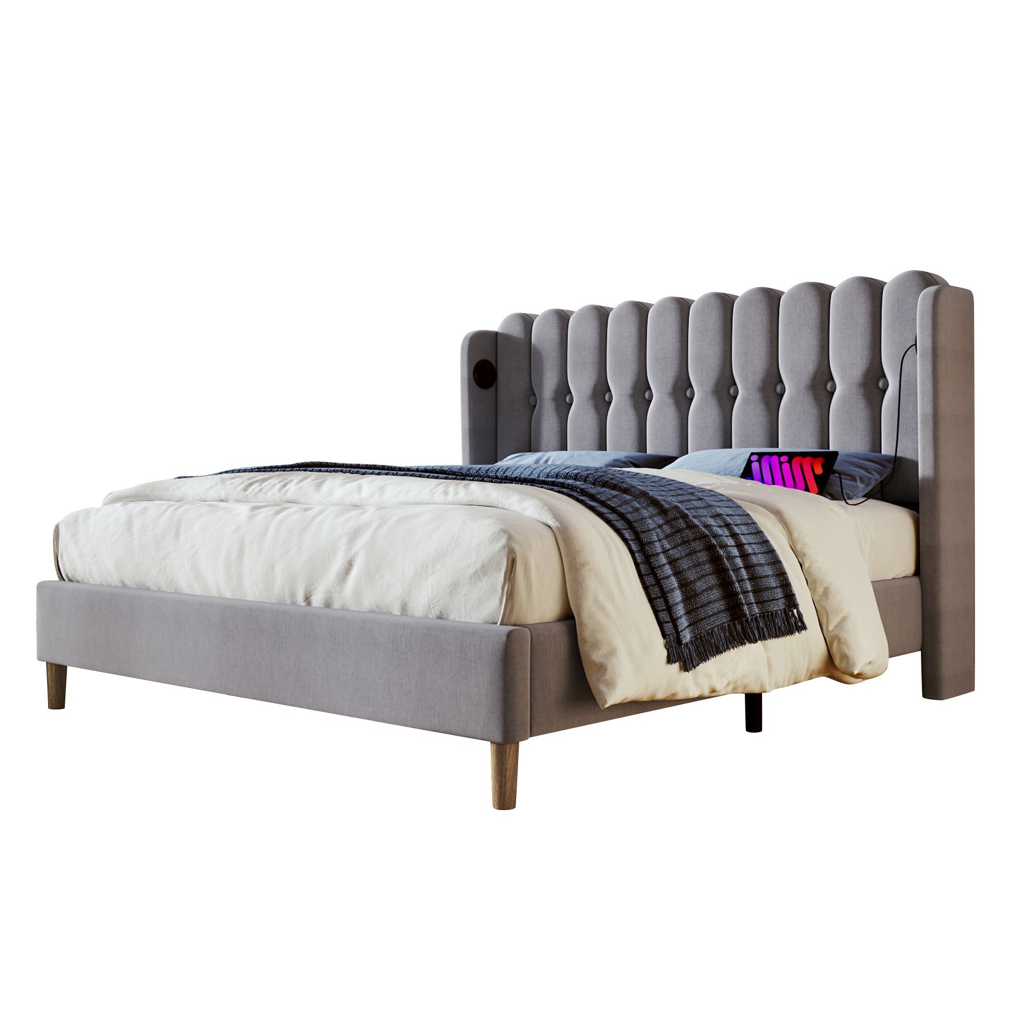 Lit double Lit rembourré 160 x 200 cm avec chargement USB Type C et sommier à lattes, lin, gris, matelas inclus - 9