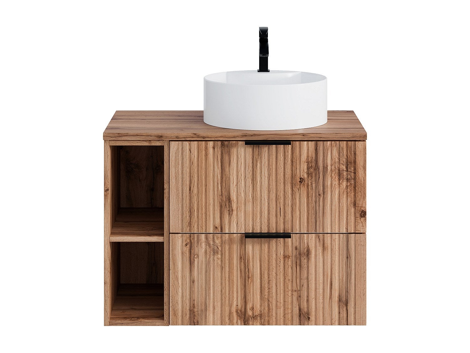 Szafka łazienkowa wisząca ryflowana z wnękami i okrągłą umywalką nablatową - Czarny i naturalny jasny - szer. 80 cm - ZEVARA