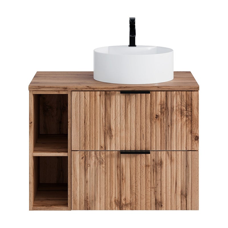 Szafka łazienkowa wisząca ryflowana z wnękami i okrągłą umywalką nablatową - Czarny i naturalny jasny - szer. 80 cm - ZEVARA