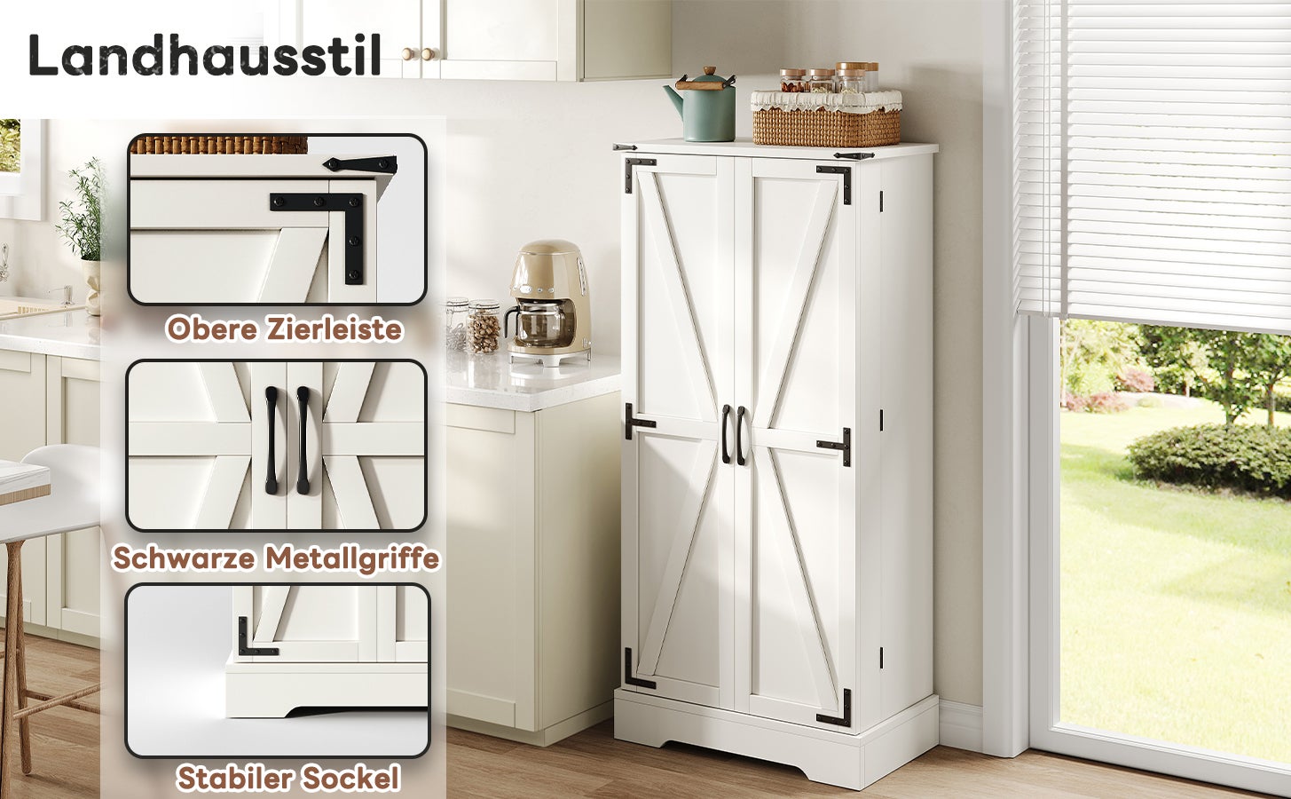 Meuble de cuisine blanc de style campagnard, 128,5 cm, avec éclairage LED. 2 portes à charnières et étagères réglables. - 7
