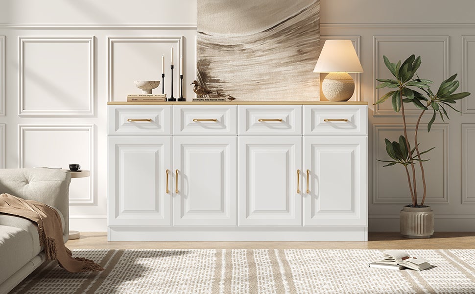 Buffet bas avec 4 portes et 4 tiroirs - 140 x 40 x 75 cm - Panneau de particules - Blanc et chêne - 6