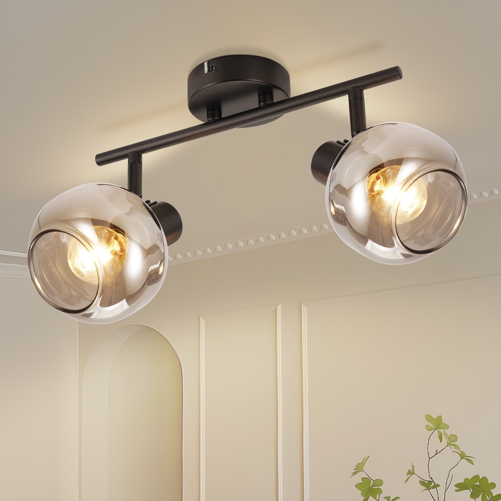 ZMH Lampa sufitowa obrotowa 350° do salonu, szkło w kolorze dymnej szarości, styl retro, lampa do korytarza i kuchni