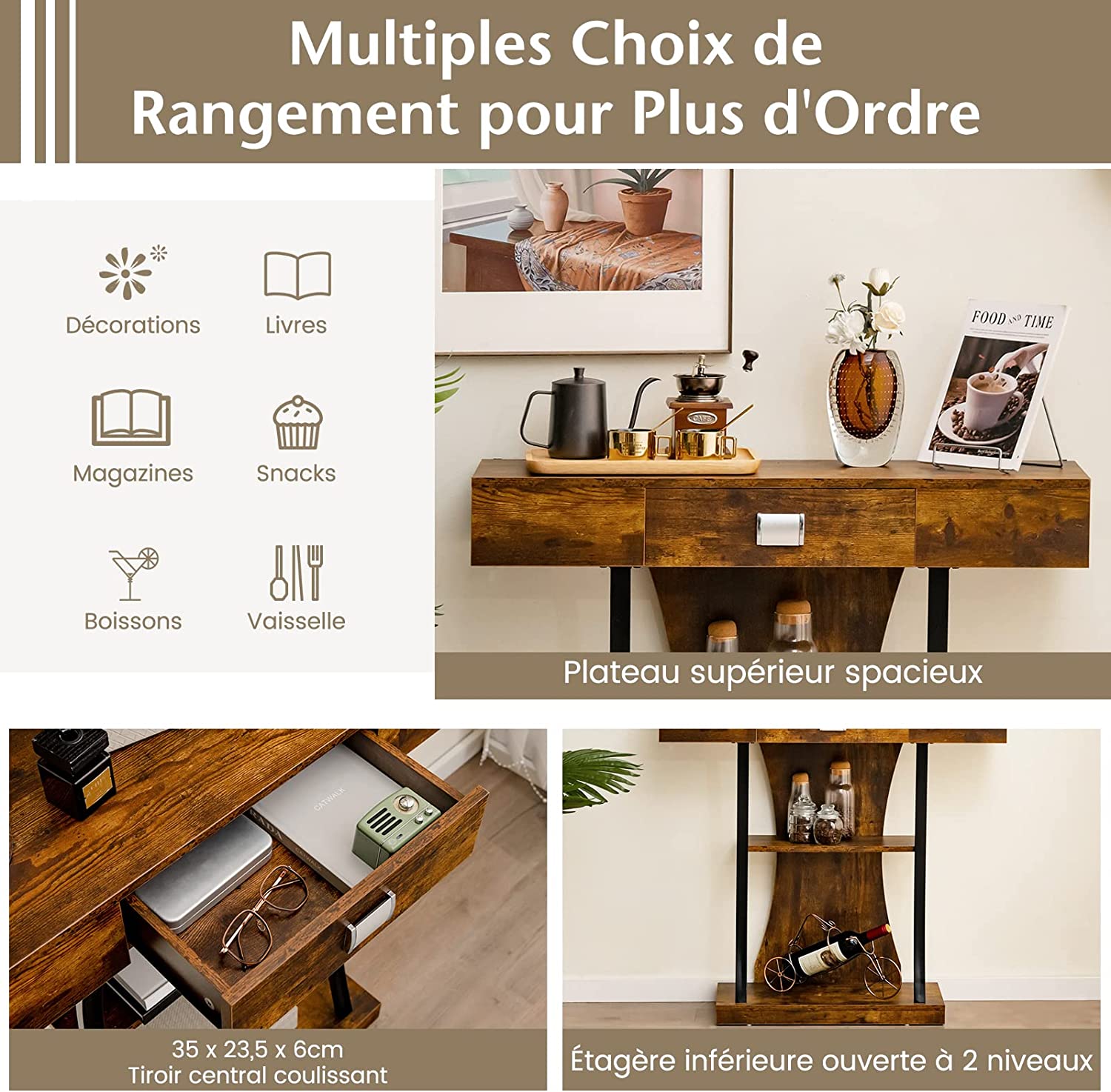 Consolle in Legno, Tavolo Ingresso Con Cassetti, Ripiani e 2 Kit Anti-ribaltamento, Multiuso e Salvaspazio per Salotto, Camera da Letto e Corr - 3