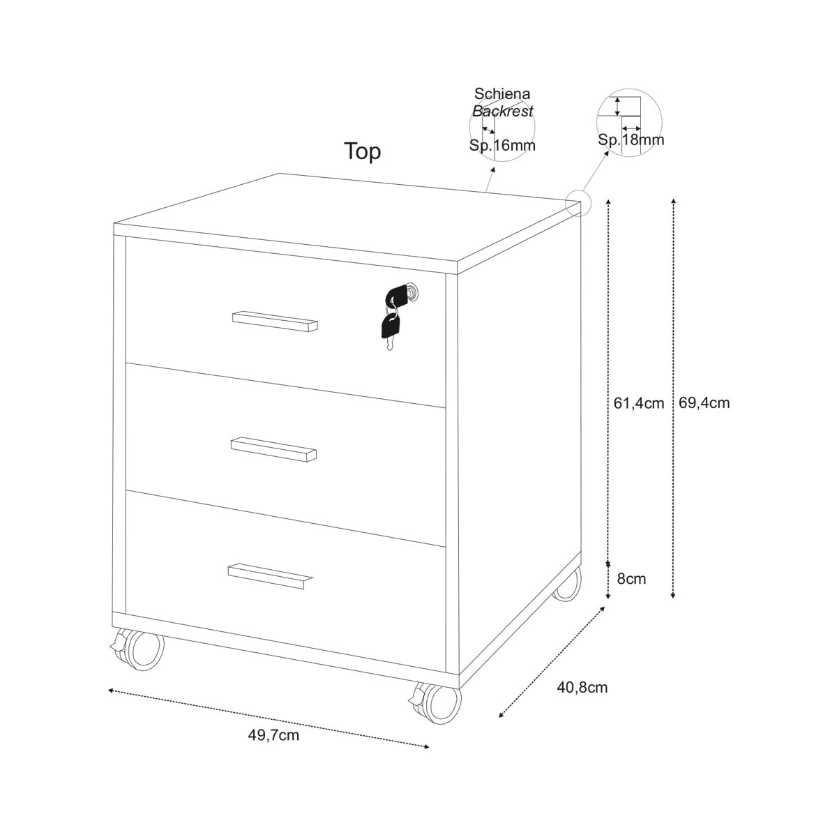 Sarmog Armoire 3 tiroirs à roulettes Quadrante collection Blanc Flammé et façade Orme Clair - 4