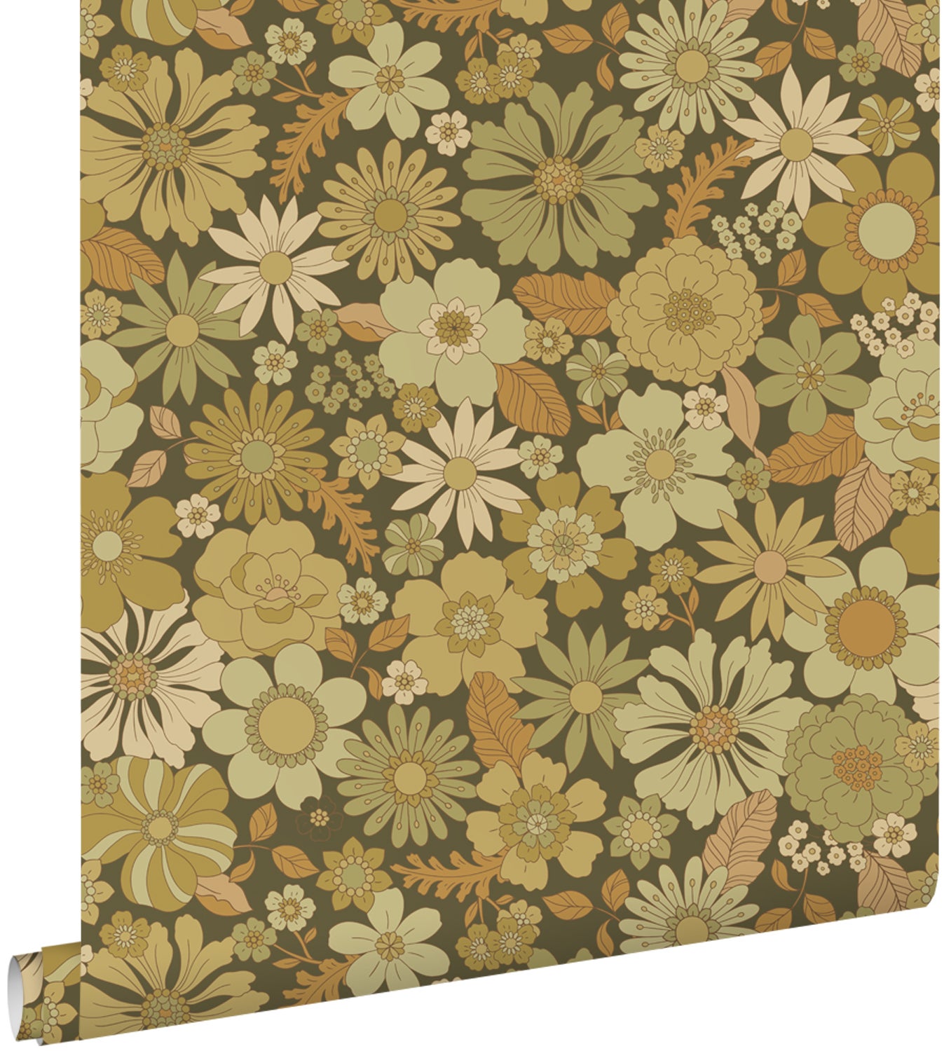 Tapeta retro kwiaty oliwkowym - 50 x 900 cm - ESTAHOME