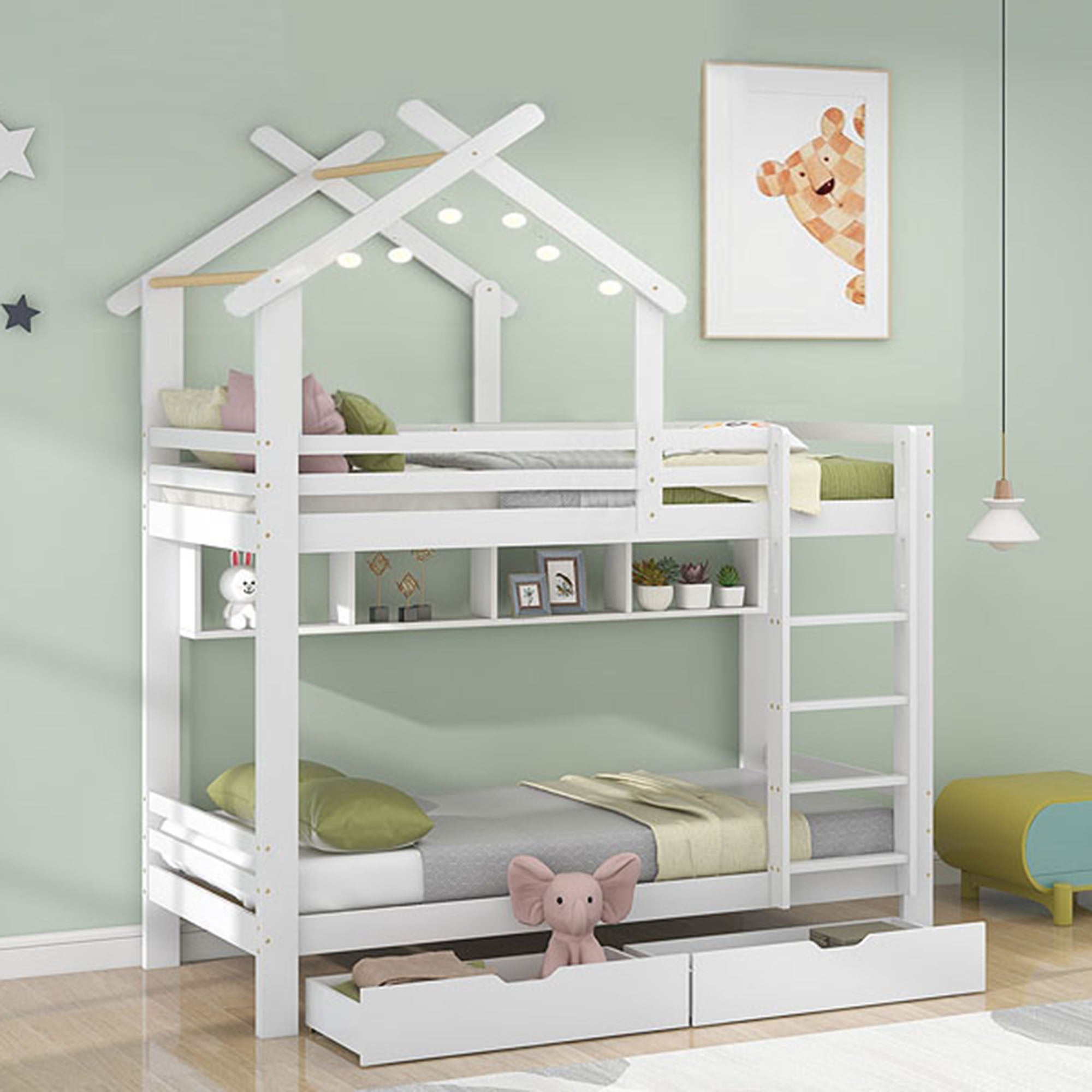 Lit Superposé Enfant 90x200 Cm En Bois Massif Avec Toit, échelle Et 3 Tiroirs - Gris/Blanc
