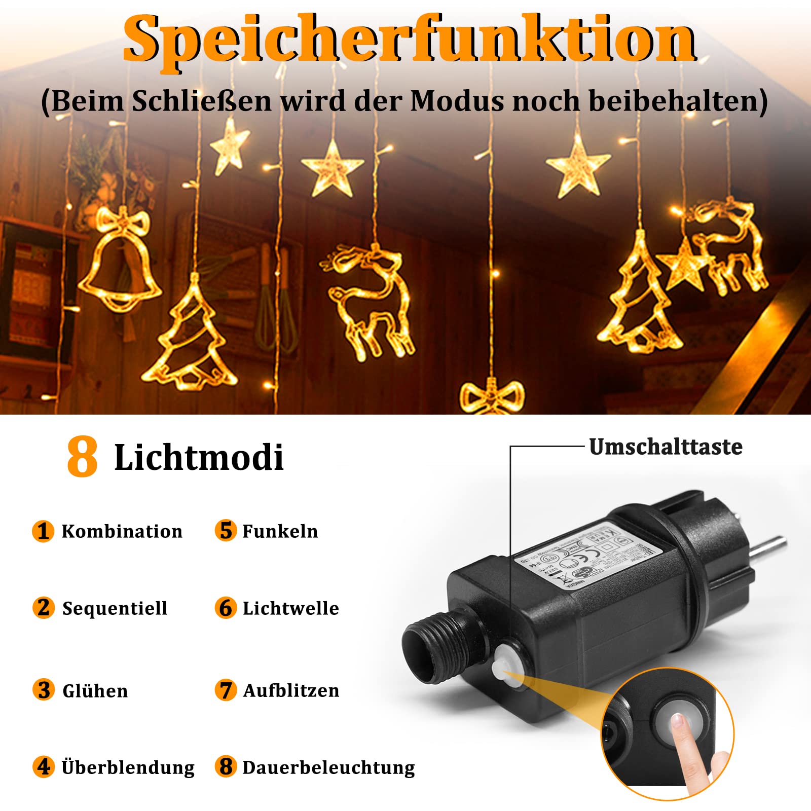 Guirlande Lumineuse Noël pour Intérieur Exterieur - 138 LED String Lights 8 Modes Guirlande de LED aver Étoiles & motifs de Noël, IP44 - Blanc Chaud - 4