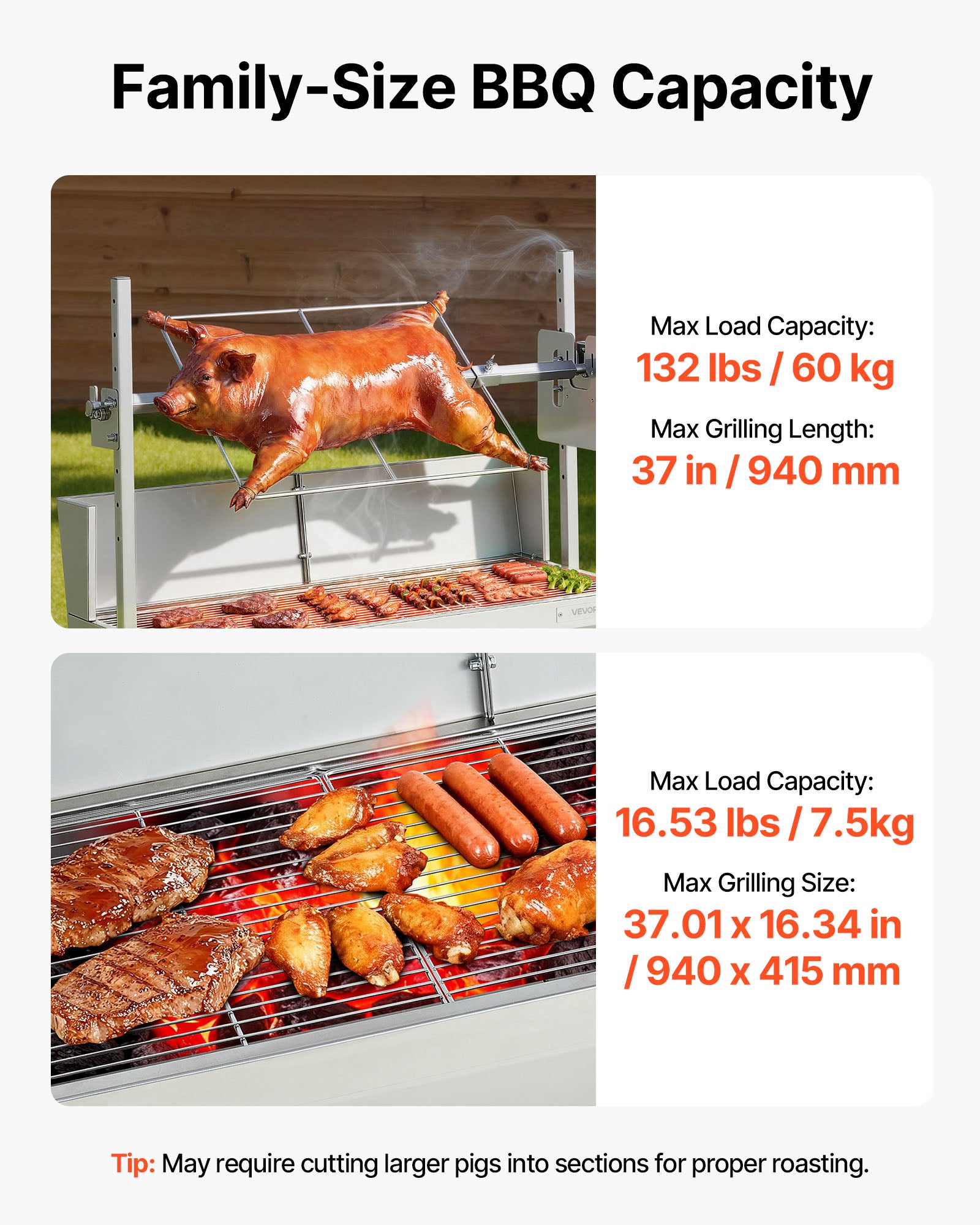 Barbecue a Carbone con Girarrosto Elettrico VEVOR, Motore 38 W, Carico 60 kg, Spiedo 94 cm, Senza Coperchio, 7 Altezze - 3