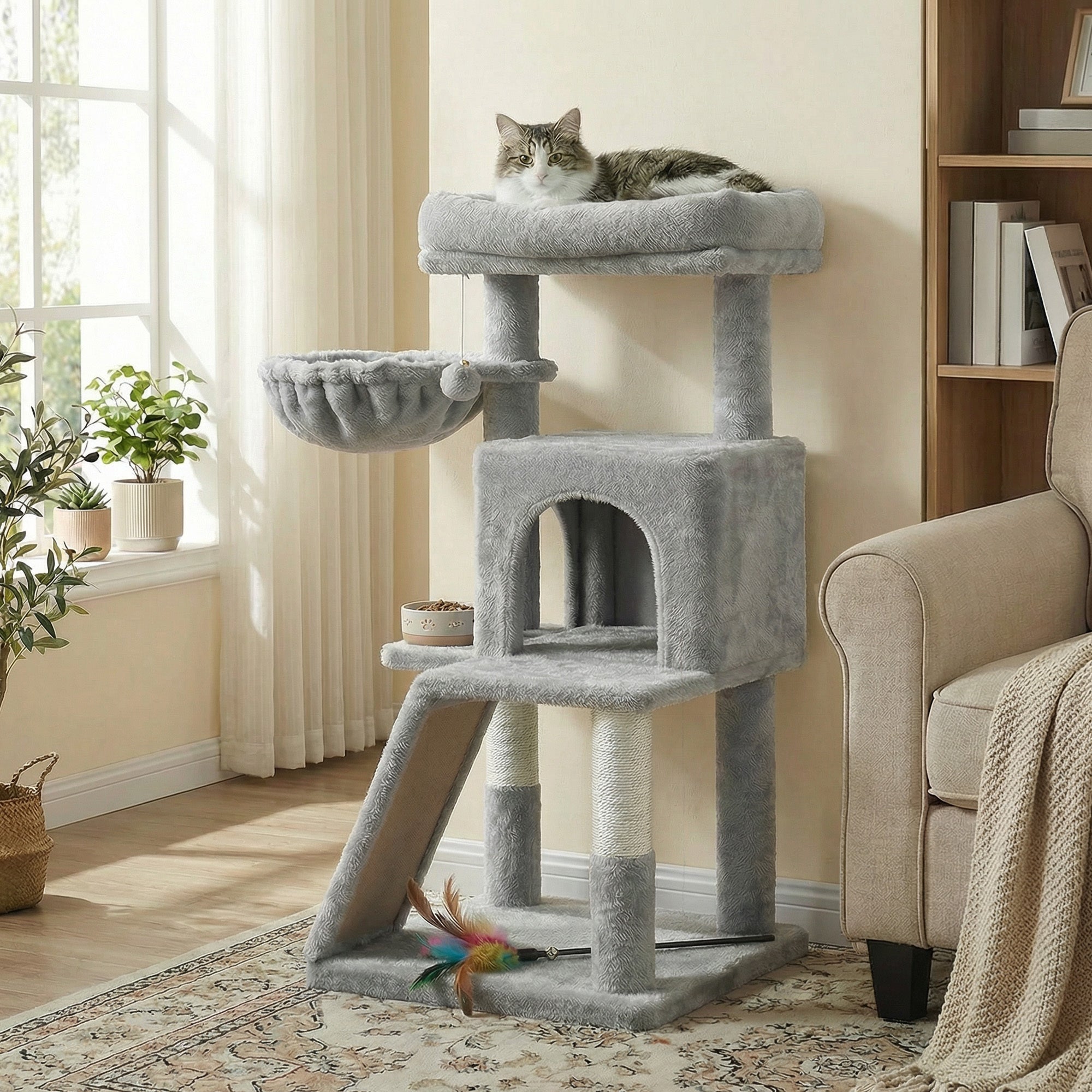 Petit Arbre à Chat, Poteaux à Griffer et Rampe, Gris Clair - 3