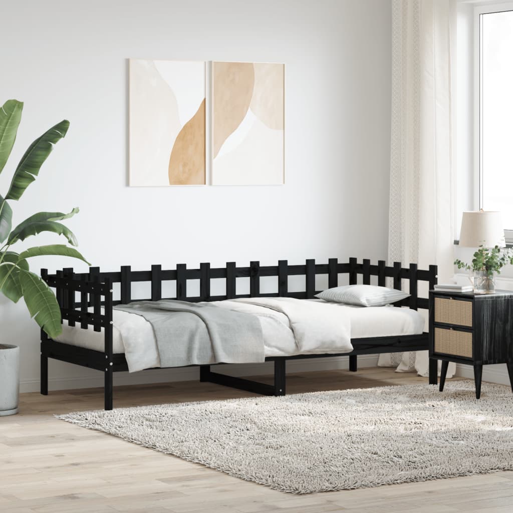 Łóżko Dzienne Czarne Drewniane Rama Łóżka Drewniana Ze Stelażem Do Sypialni Pokoju 80x200 cm