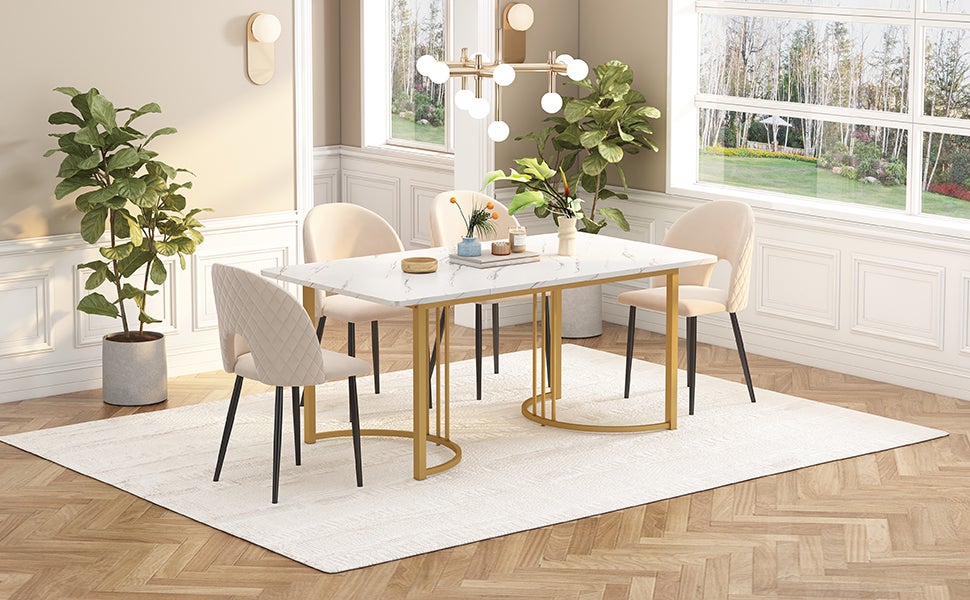 Mesa de comedor 140x80x75 cm, metal, rectangular, mármol moderno, patas ajustables, blanco/dorado - 2