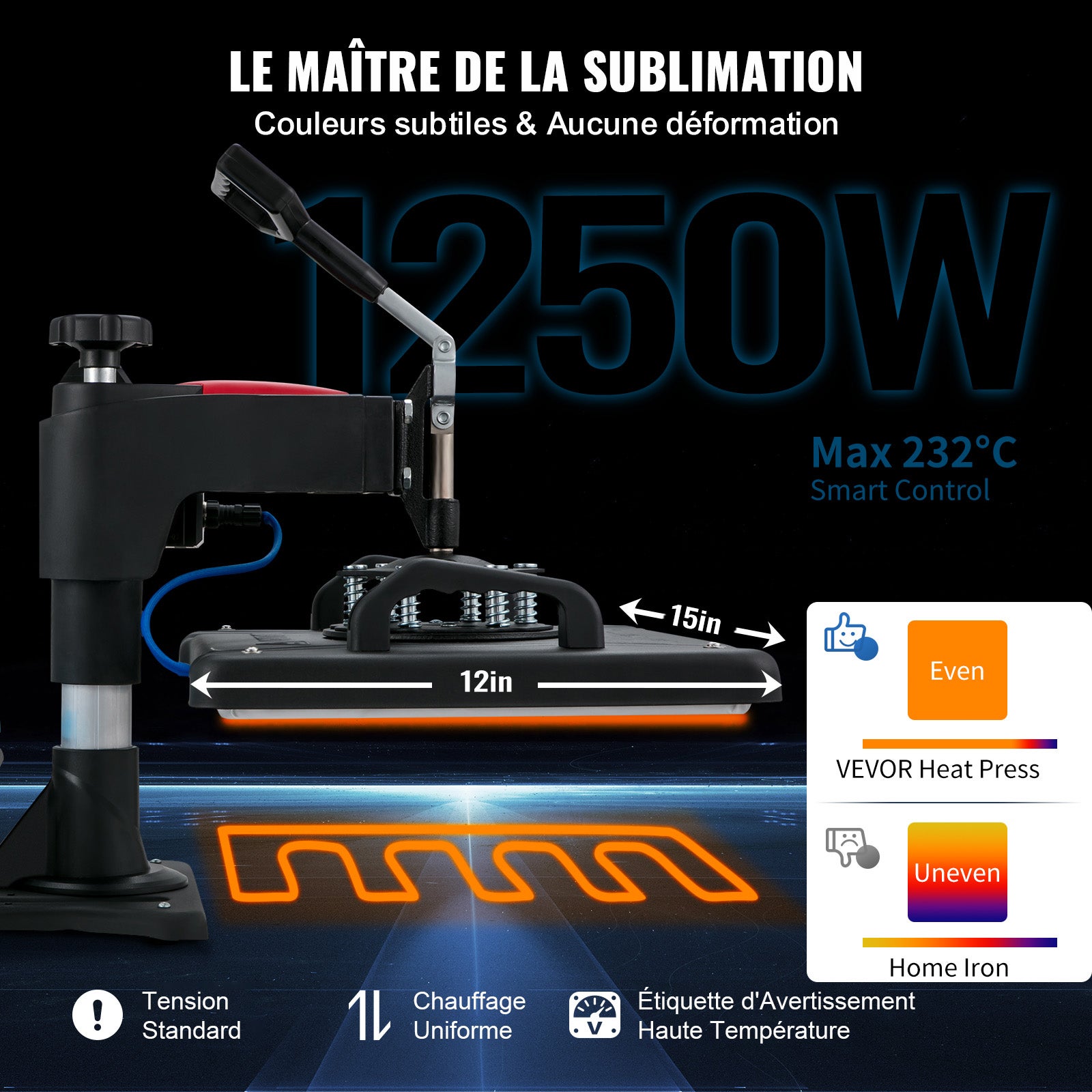 5 en 1 Presse à Chaud Machine VEVOR de Sublimation Textile 30x38 cm Machine d'Impression 1250 W Presse à Chaleur Polyvalente Pivotante 360° Transfert - 3