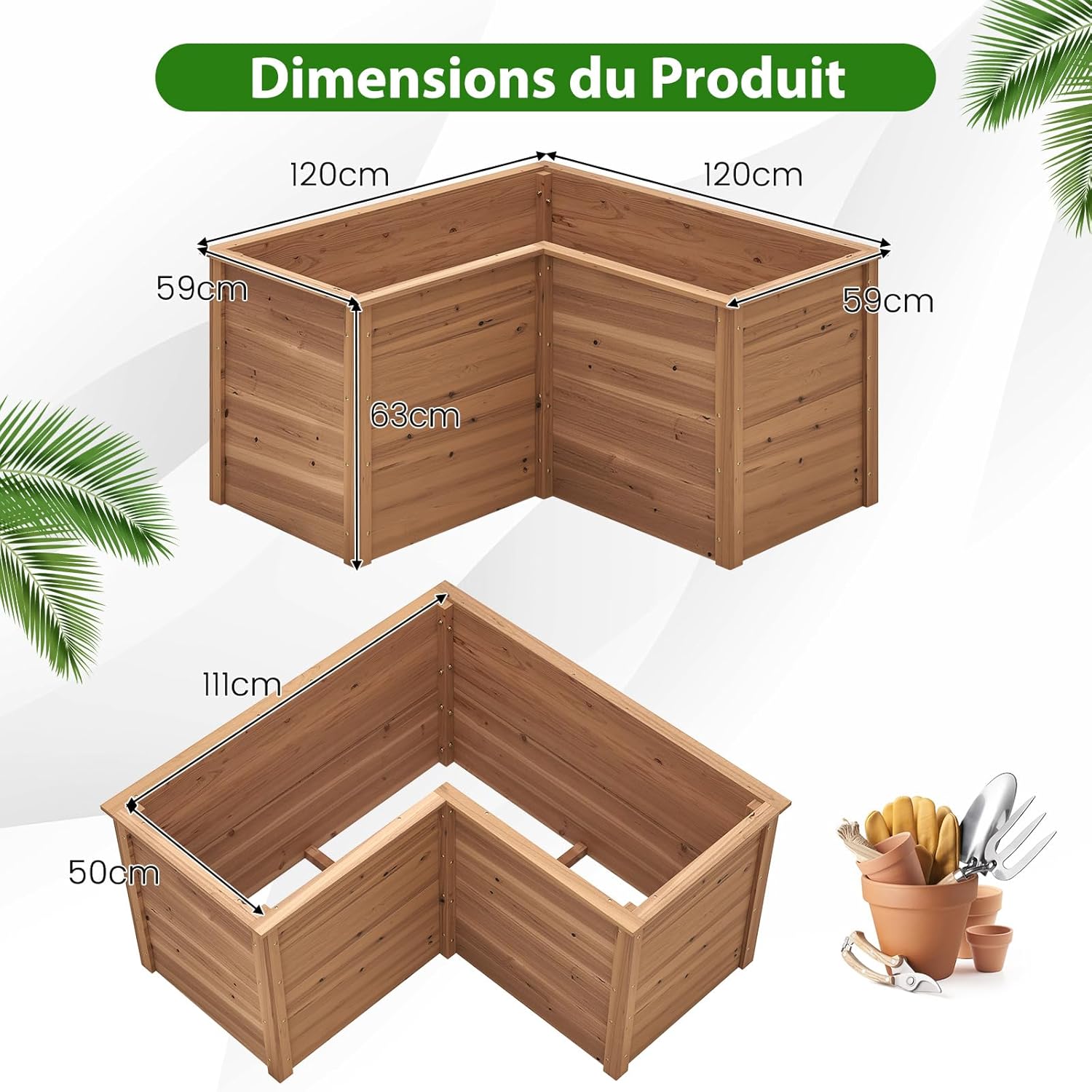 Carré Potager Jardinière en Bois de Sapin Base Ouverte en L, Jardinière Surélevée pour Légumes Fruits, 120 x 120 x 62 cm (Marron) - 3