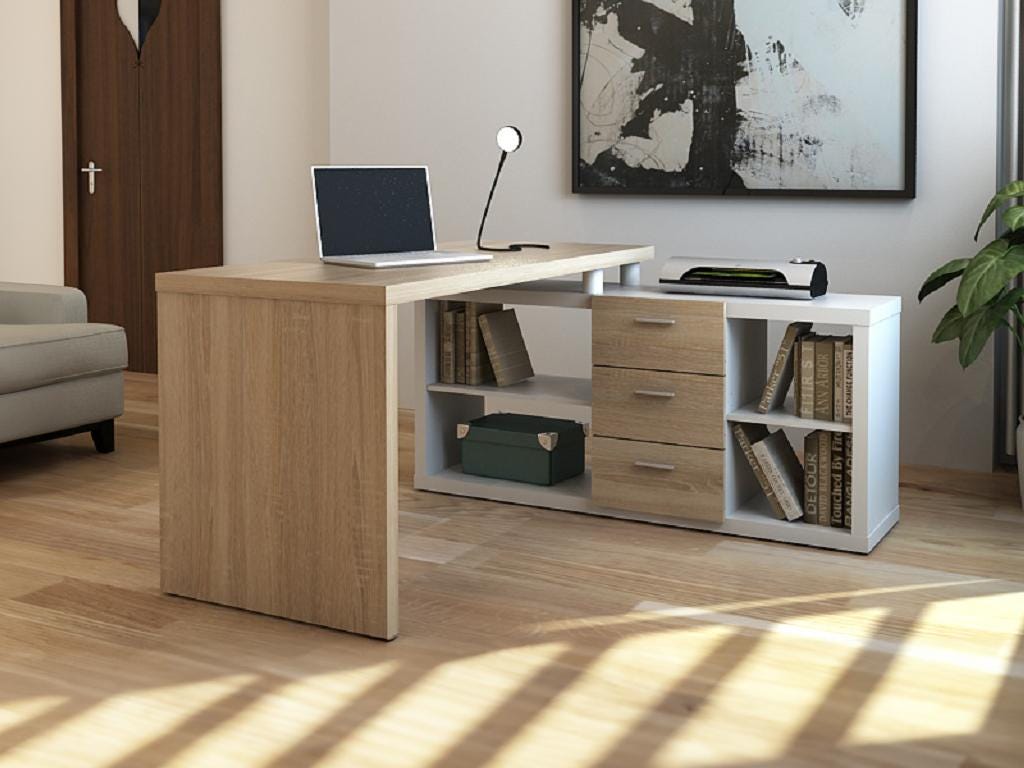 Bureau d'angle avec rangements ALDRIC III - Blanc & Chêne | Leroy Merlin