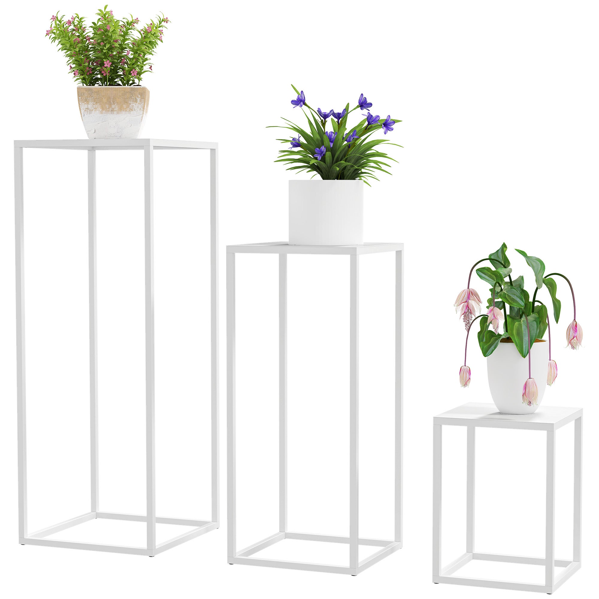 Ensemble de 3 supports à plantes carrés en métal, empilables, intérieur extérieur, jardin, balcon, maison, blancs - 5