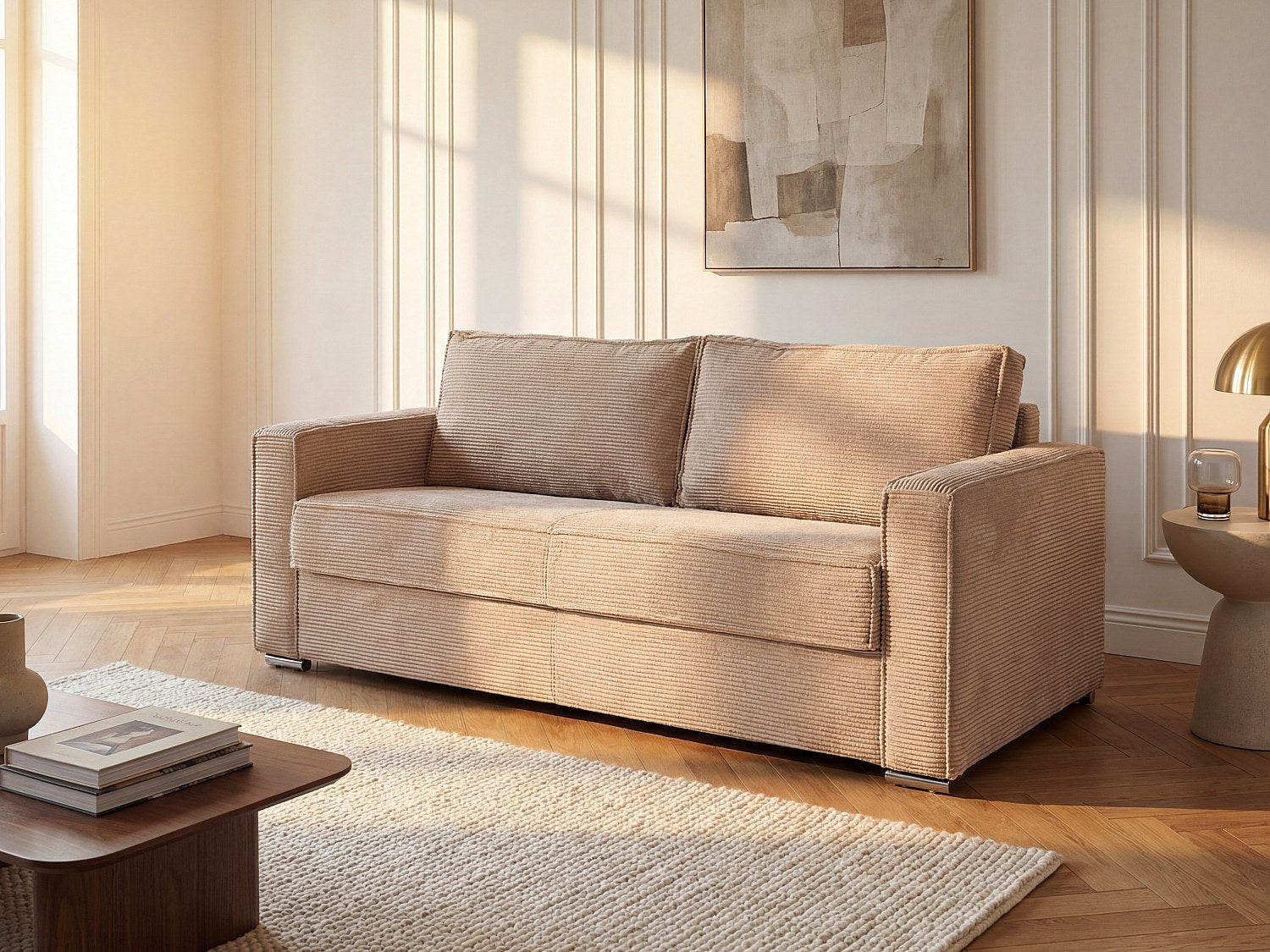 Kanapa 3-osobowa rozkładana typu express ze sztruksu taupe - Miejsce do spania 140 cm - Materac 14 cm - LORETO