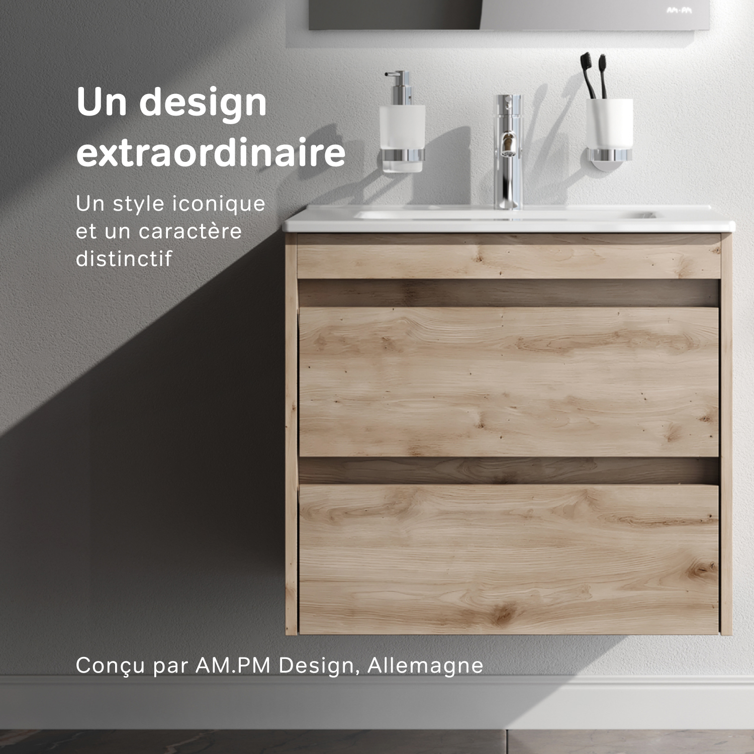 Meuble salle de bains suspendu 60 cm effet bois clair avec lavabo intégré, 2 tiroirs, design, chêne clair texturé – AM.PM - 5