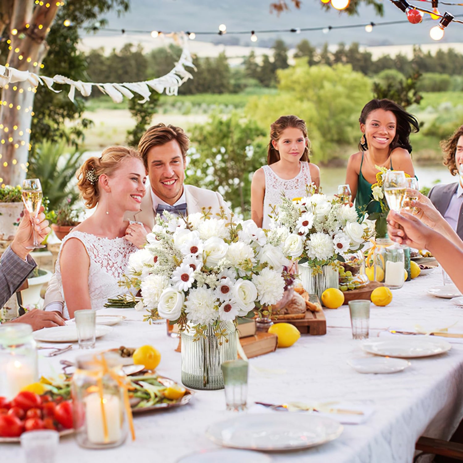 Lot de 4 bouquets de roses artificielles, 33 cm, roses en soie réalistes, pour décoration de table, cuisine, maison, blanc - 6