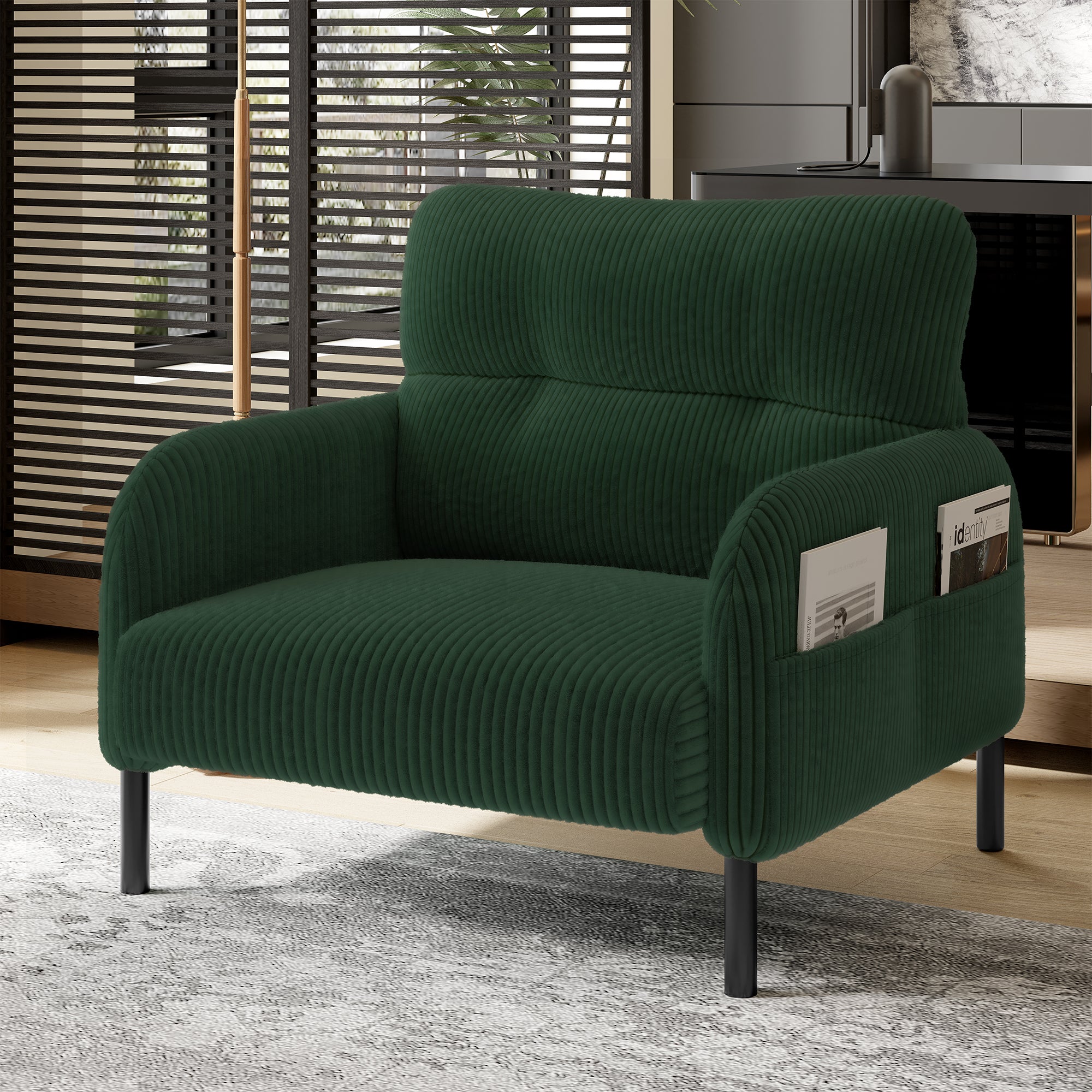 Fotel z podłokietnikami i kieszeniami bocznymi - 67 x 75 x 79 cm - Sztruks i metalowe nogi - Zielony