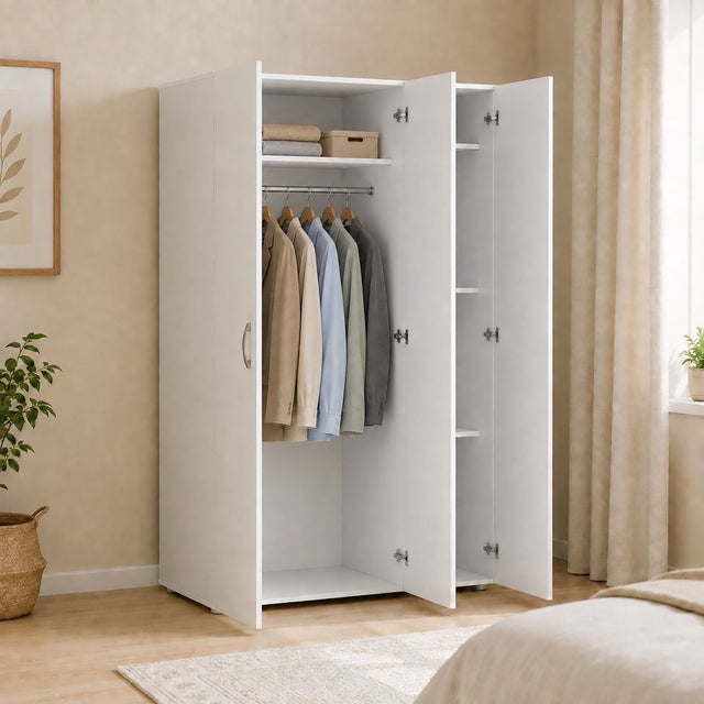 Guardaroba 3 Ante, 4 Ripiani Appendiabiti, 111x52x179h cm Bianco - Pettineo
