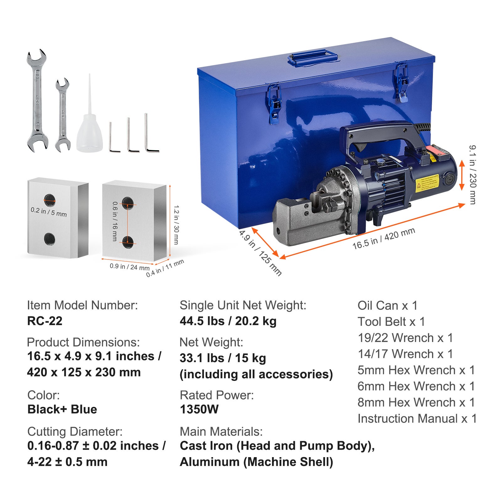Coupe-barres hydraulique électrique SucceBuy 1350W,4-22mm,portable,acier haute puissance,220V,mallette à outils et bidon d'huile,noir bleu RC-22 - 9
