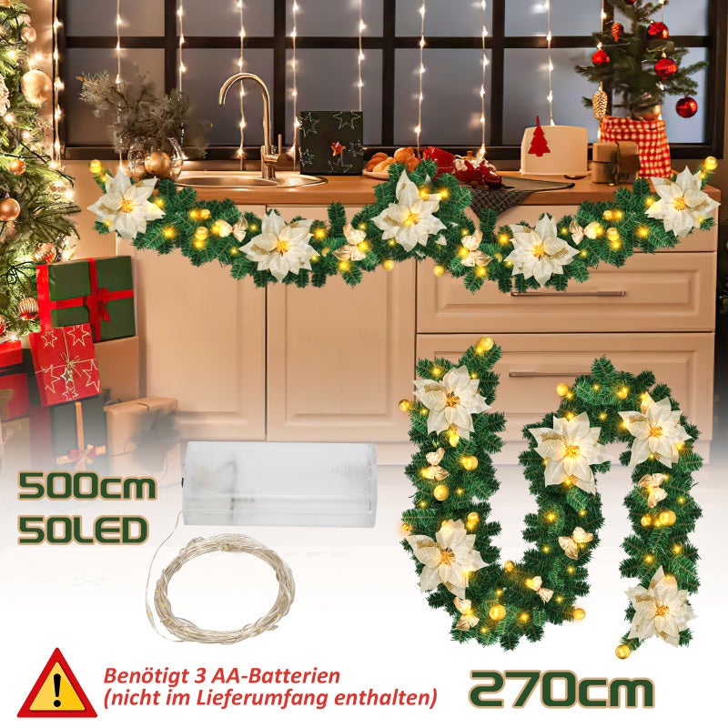 Ghirlanda Natalizia Pre-illuminata 2,7 M, Con 50 Luci LED Bianco Caldo, Palline Oro, Fiocchi E Pigne, Per Porta E Camino