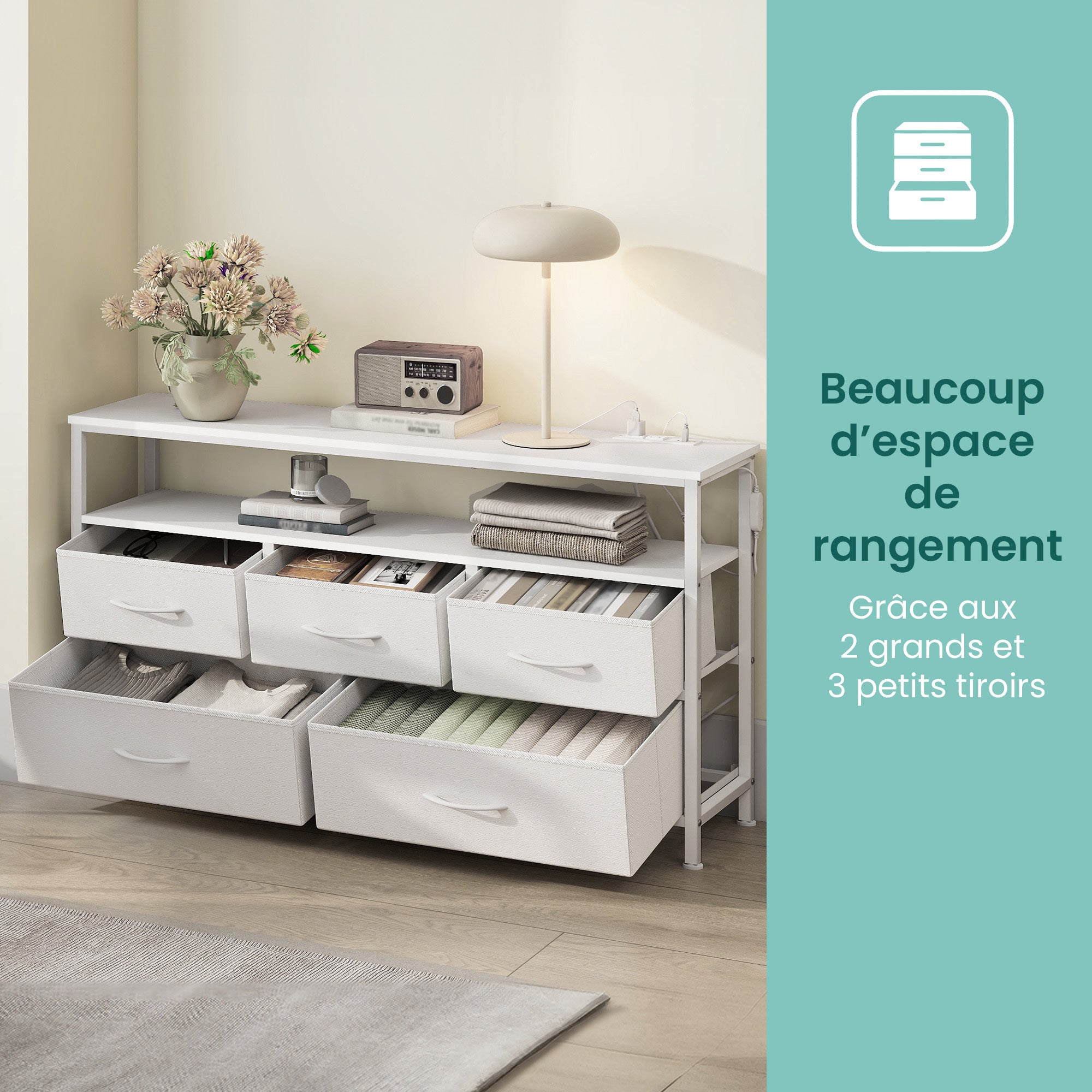 Meuble de Rangement avec LED Réglable et Multiprise, 5 Tiroirs en Tissu, Style Moderne, Chambre, Blanc - 6