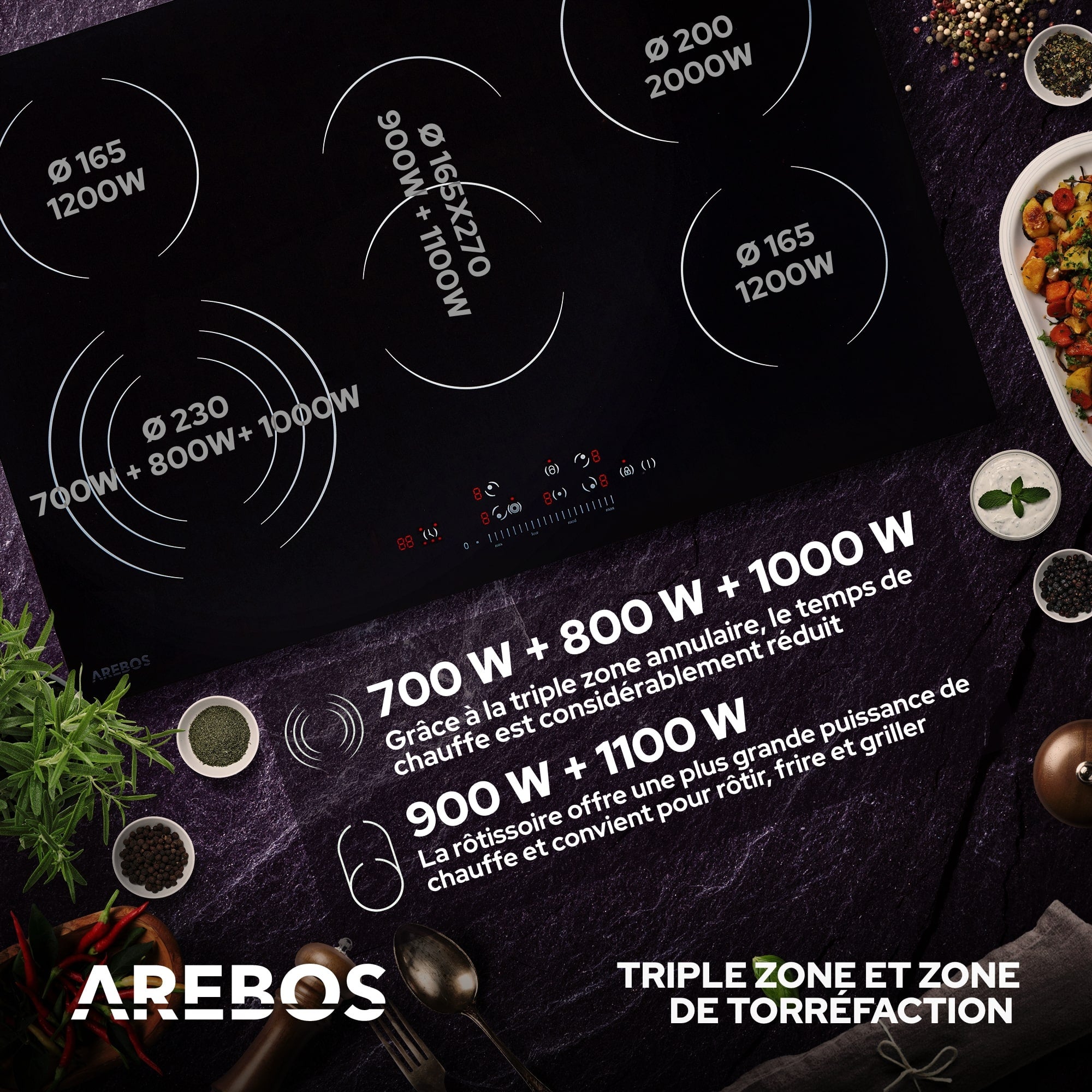 AREBOS Table de cuisson vitrocéramique encastrable 5 zones – 8700W avec minuterie & sécurité enfants - 6