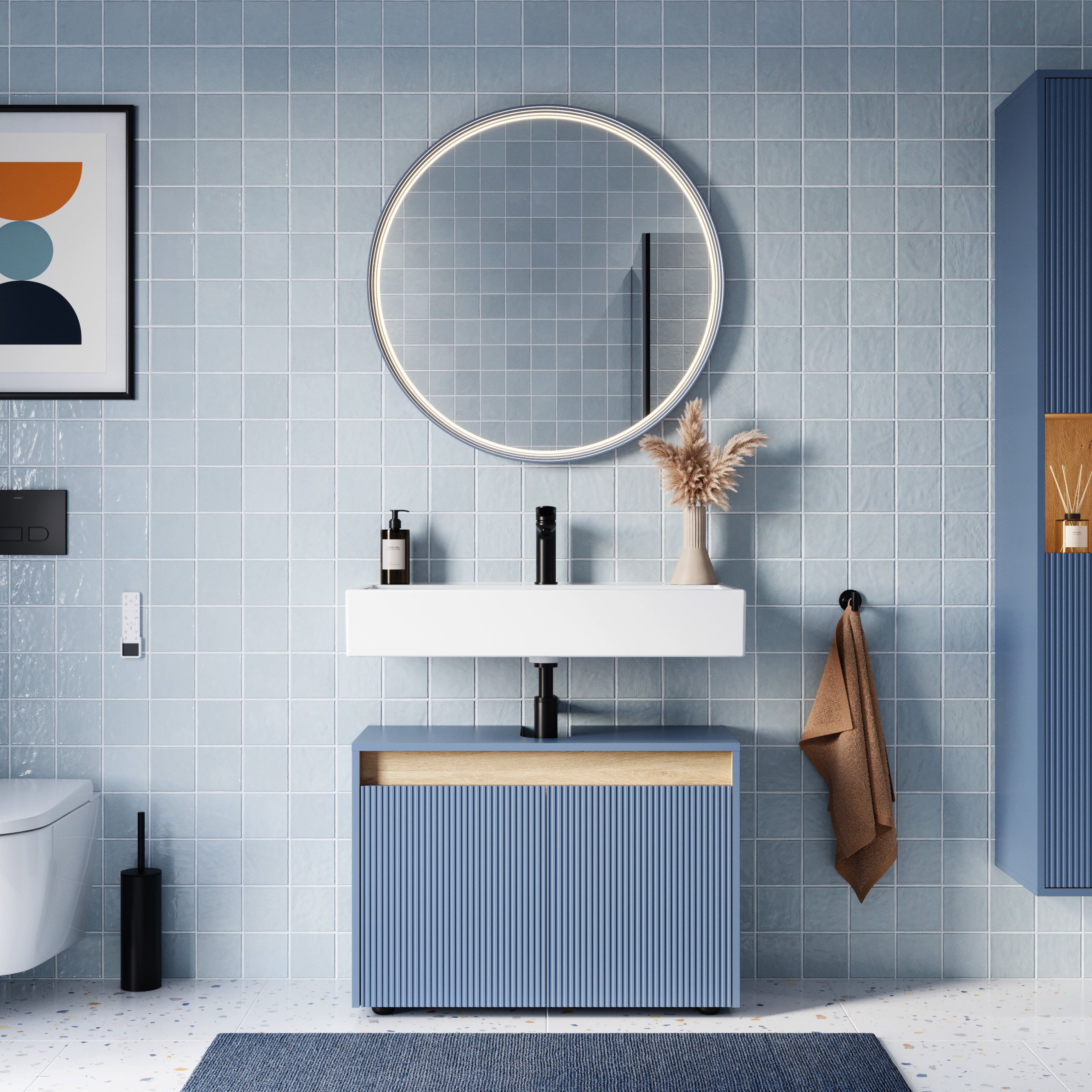 BERNSTEIN - Meuble sous vasque à poser MDF Bleu azur mat 80x35x54cm (LxPxH) + 2 portes - BELDIVO - 2