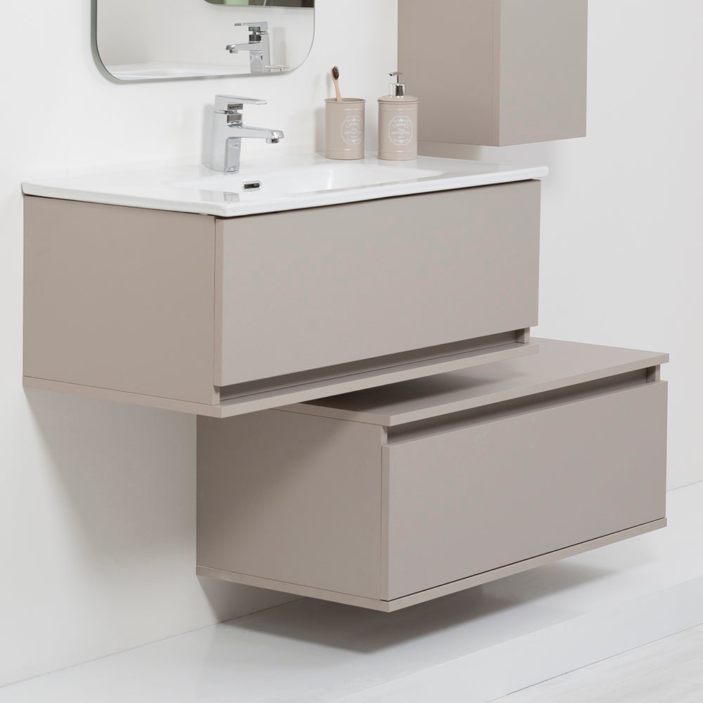 Armoire de toilette murale gris tourterelle 90x47 cm avec miroir et céramique inclus - 4