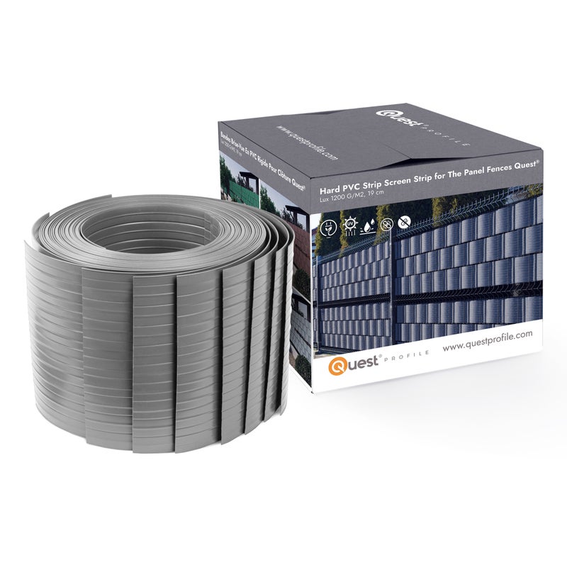 QUEST Taśma ogrodzeniowa PCV 19cm, listwa do ogrodzeń panelowych premium, 900 g/m2, RAL 7040, szary, 10 x 2,525 m