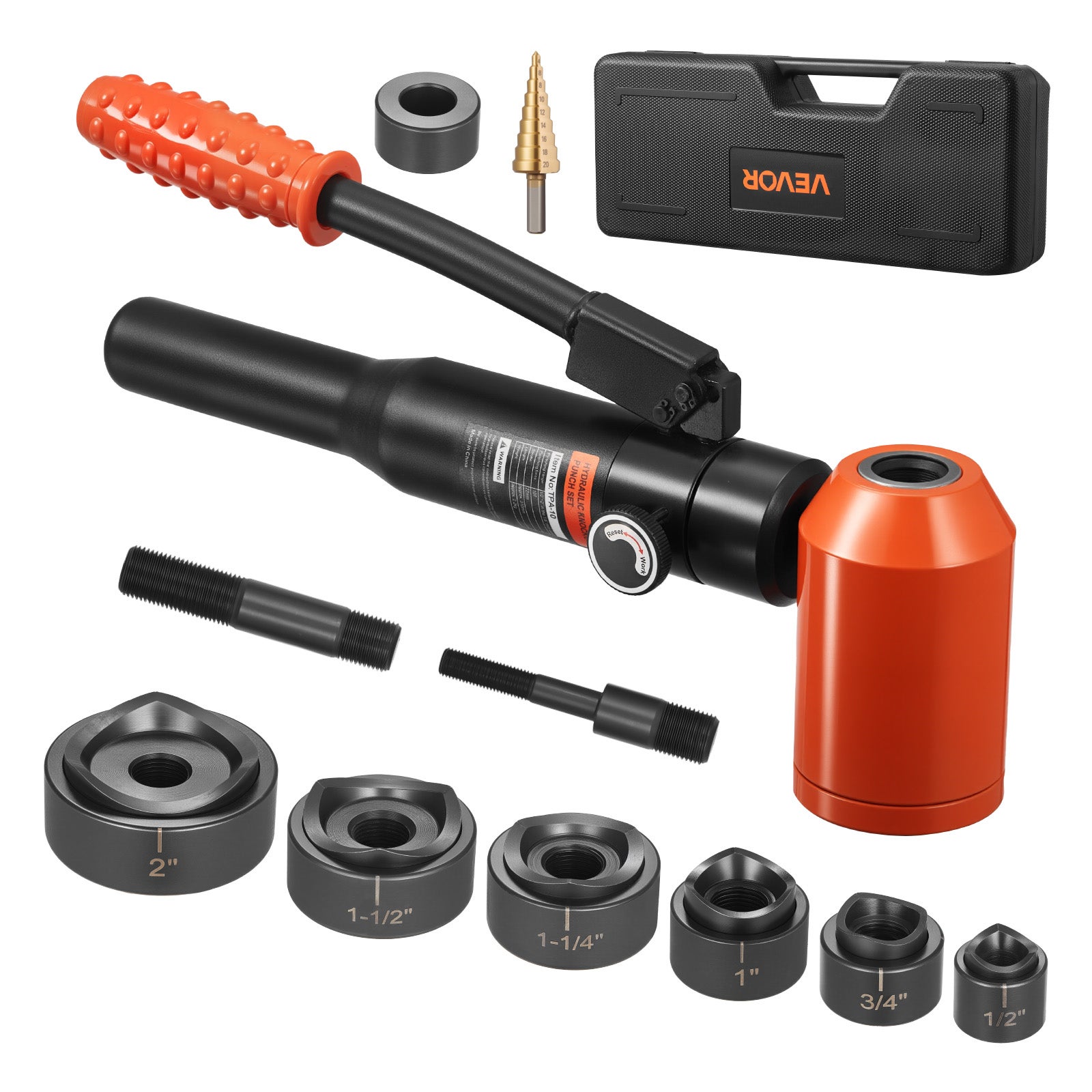 Hydrauliczny zestaw dziurkaczy VEVOR 10T, 6 matryc 12,7–50,8 mm, do metalu, z walizką