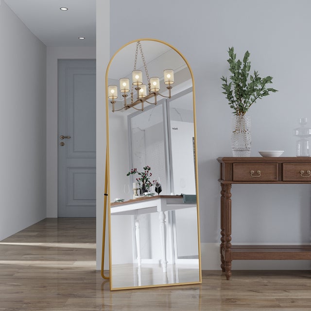 Miroir pleine longueur 162x53cm, Sommet arrondi doré, Structure aluminium légère,Support anti-dérapant, Pour dressing et salon