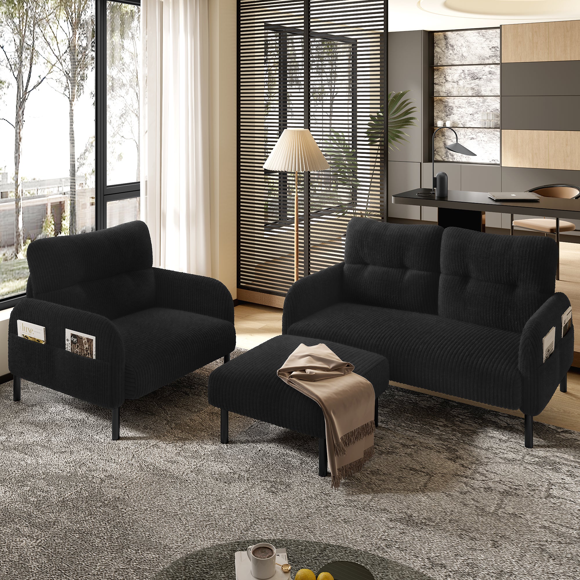 Zestaw wypoczynkowy 2-osobowy + fotel + hoker - 120 x 75 x 79 cm - sztruks i metalowe nogi - czarny