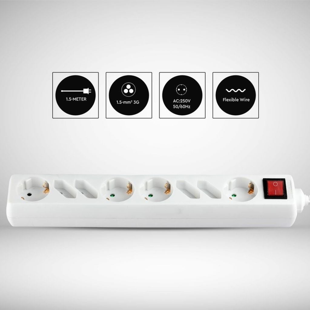 Tomada múltipla com cabo de 1,5 m 8 tomadas 4 10A 2P + interrutor Schuko 4 10A inclinado e luminoso Tomada Schuko cor branca - 4