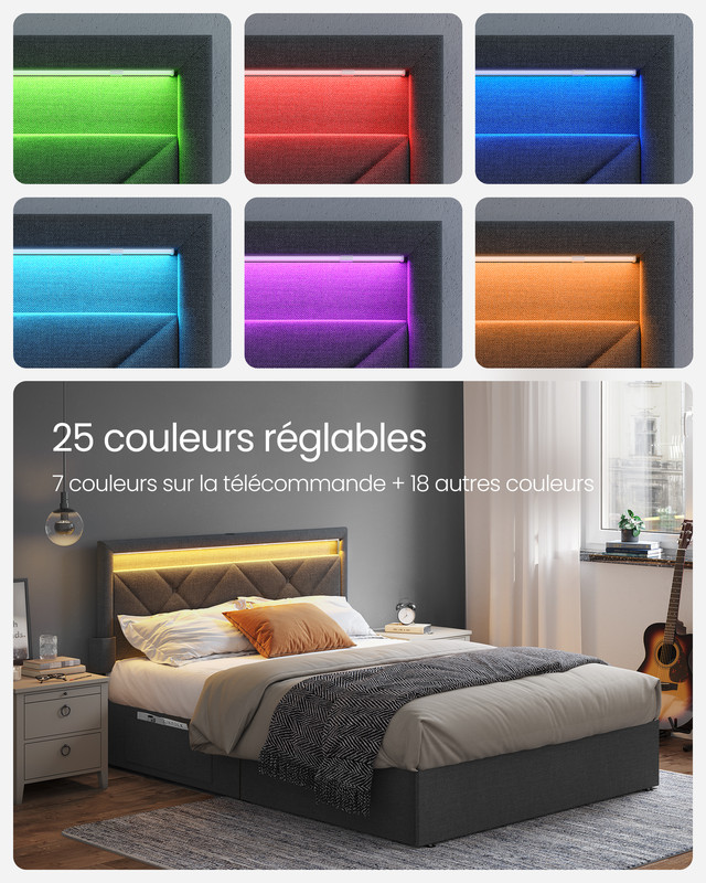 Lit Double, 140 x 190 cm, avec LED, en Métal, 4 Tiroirs, Multiprise, Tête de Lit Rembourrée Ajustable, pas Besoin de Sommier, Gris Ardoise et Noir Mat - 2