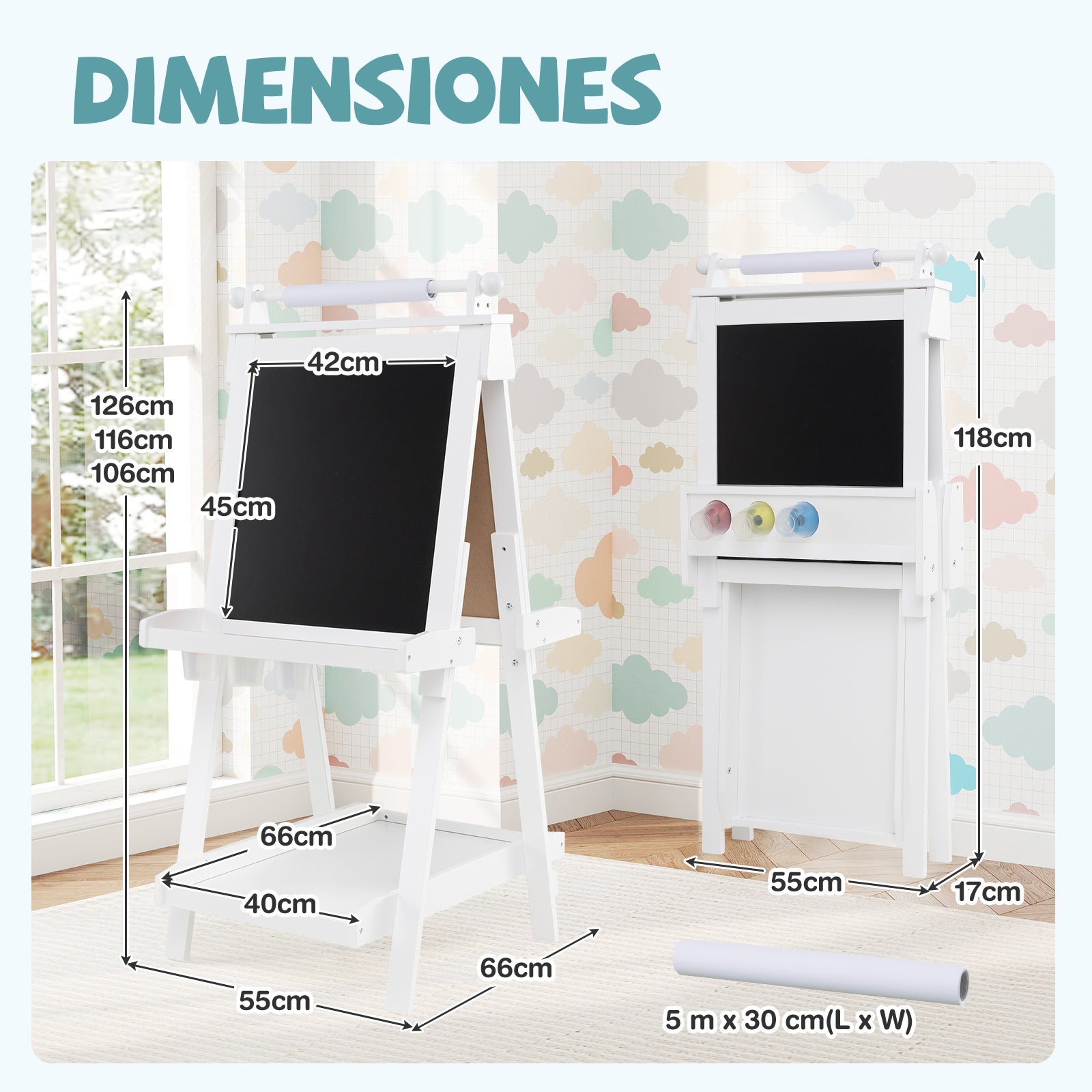 Chevalet Pliable pour Enfants, Double Face avec Tableau Noir et Tableau Blanc Magnétique, Rouleau de Papier Remplaçable, 3 Gobelets, Blanc - 3