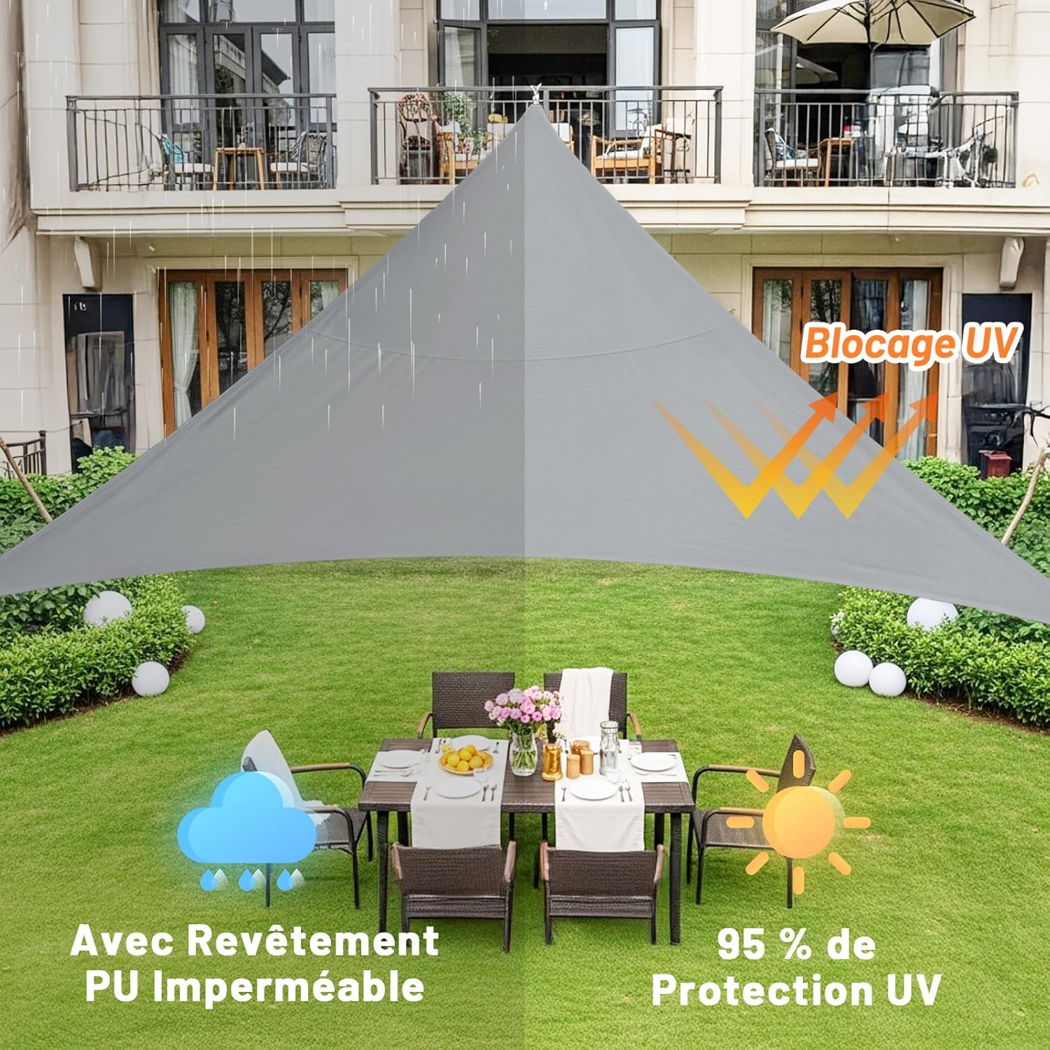 Voile d'ombrage Triangulaire Imperméable 3x3x3m Toile Ombrage PES avec 95% UV Protection pour Patio Extérieur Jardin Terrasse, Gris - 2
