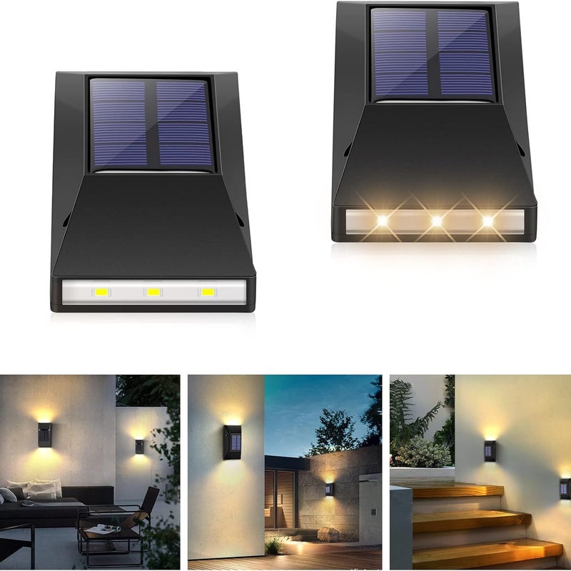 Zewnętrzne lampy ogrodowe zasilane energią słoneczną, 2 wodoodporne lampy ścienne LED IP65, możliwość regulacji w górę i w dół.