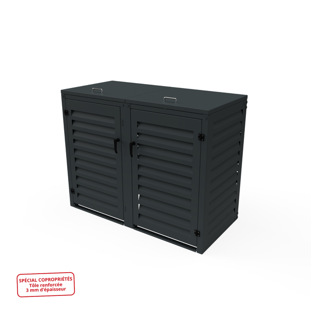 Cache Poubelle Double Spécial Copropriété (3mm) en Aluminium Thermolaqué – Abri pour 2 Conteneurs 360 Litres – Gris anthracite RAL 7016