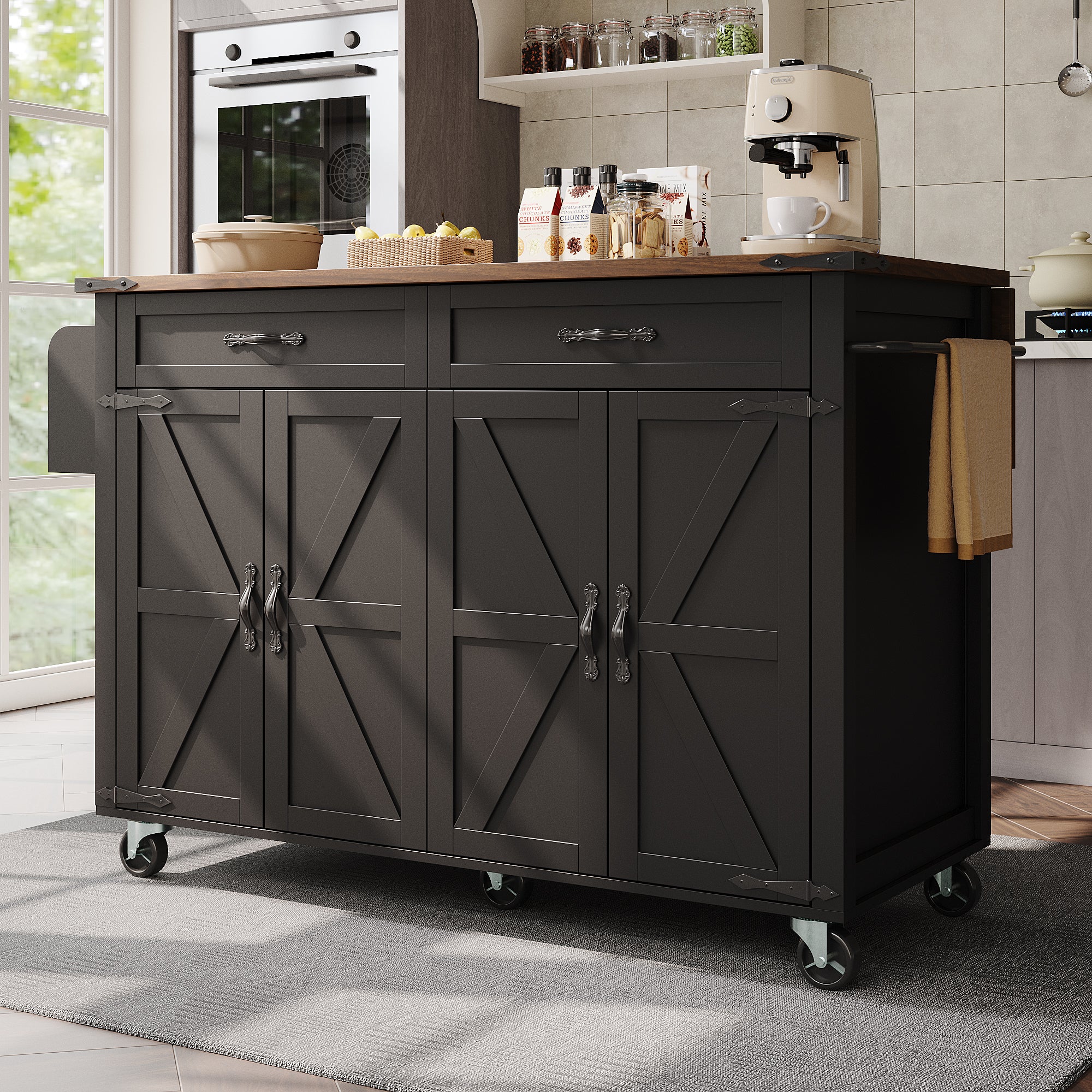Chariot de cuisine noir avec plan de travail coulissant, îlot de cuisine avec 4 portes et 2 tiroirs, mobilier de salle à manger finition bois - 2