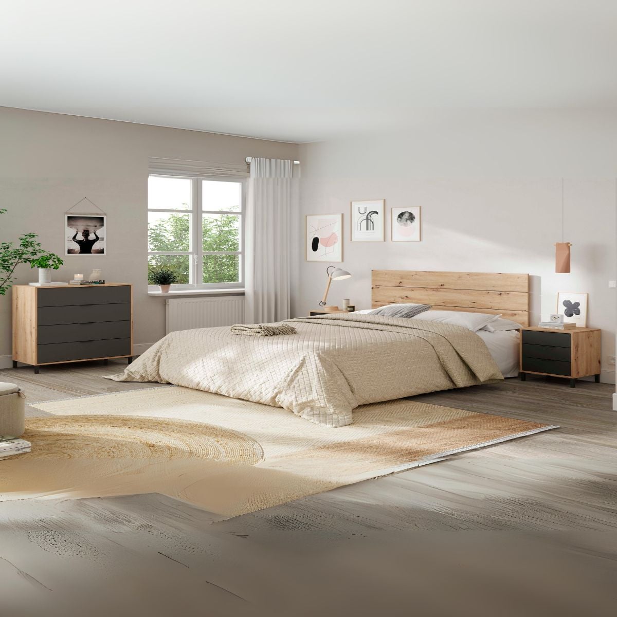Cabeceira Enzo com mesas de cabeceira Gris Antracita - Roble Nodi 160 x 60 x 25 cm - 6